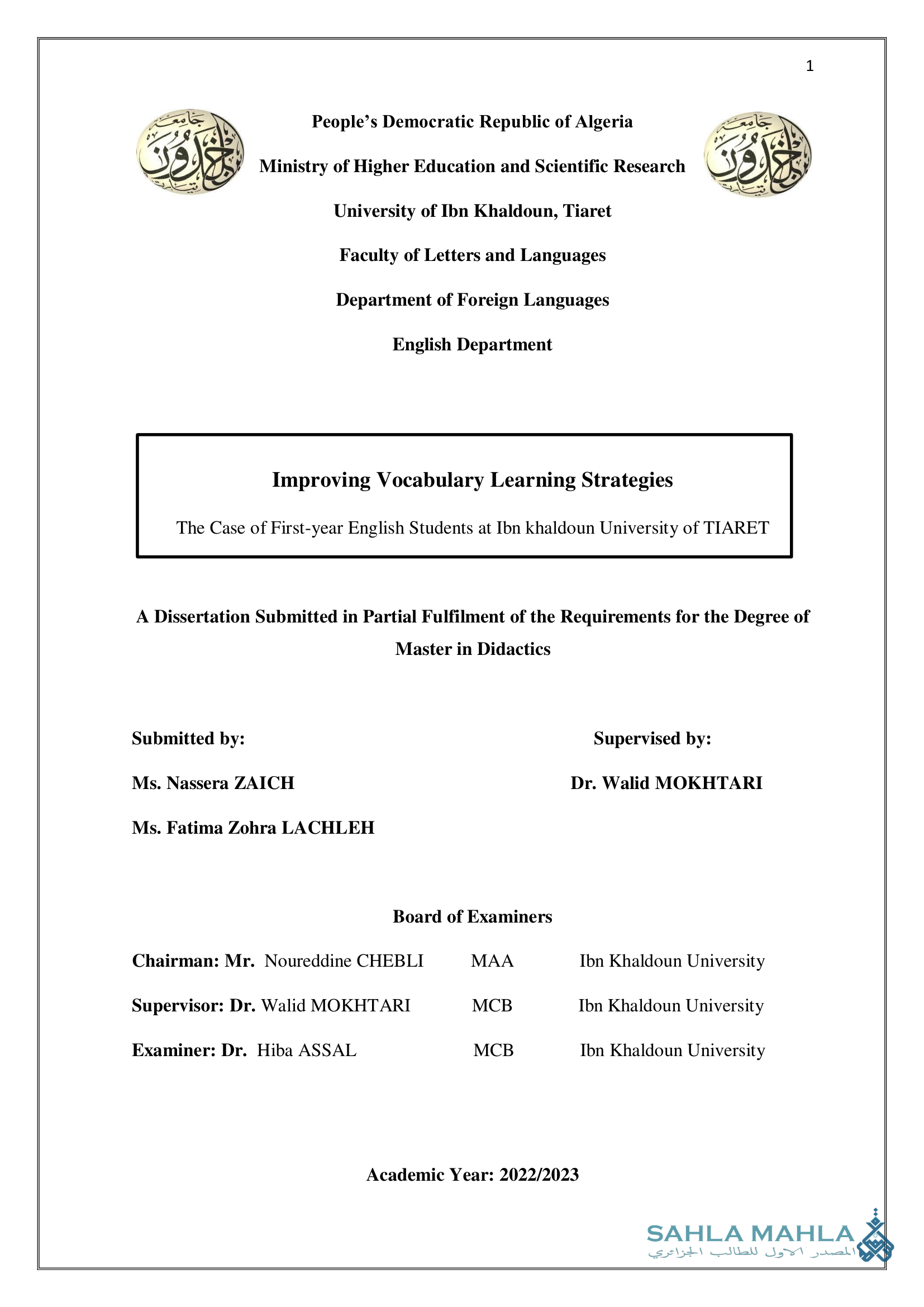 Improving Vocabulary Learning Strategies The Case of First-year English Students at Ibn khaldoun University of TIARET