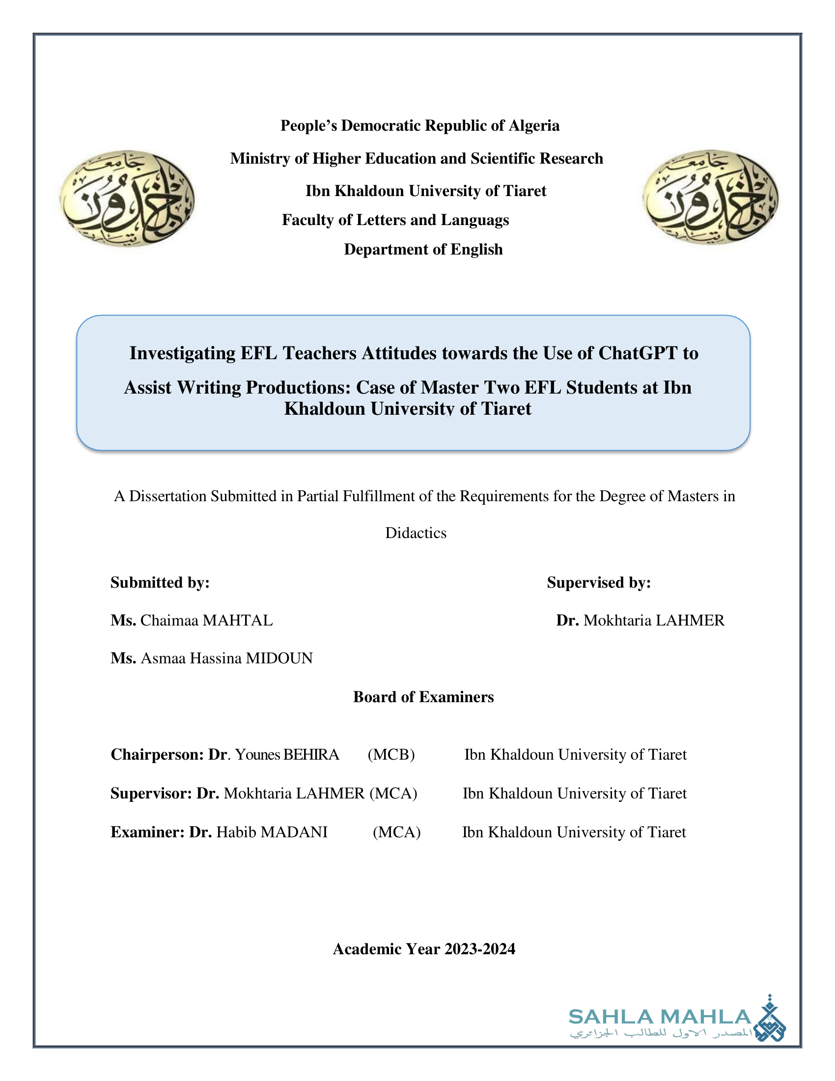 Investigating EFL Teachers Attitudes towards the Use of ChatGPT to Assist Writing Productions: Case of Master Two EFL Students at Ibn Khaldoun University of Tiaret