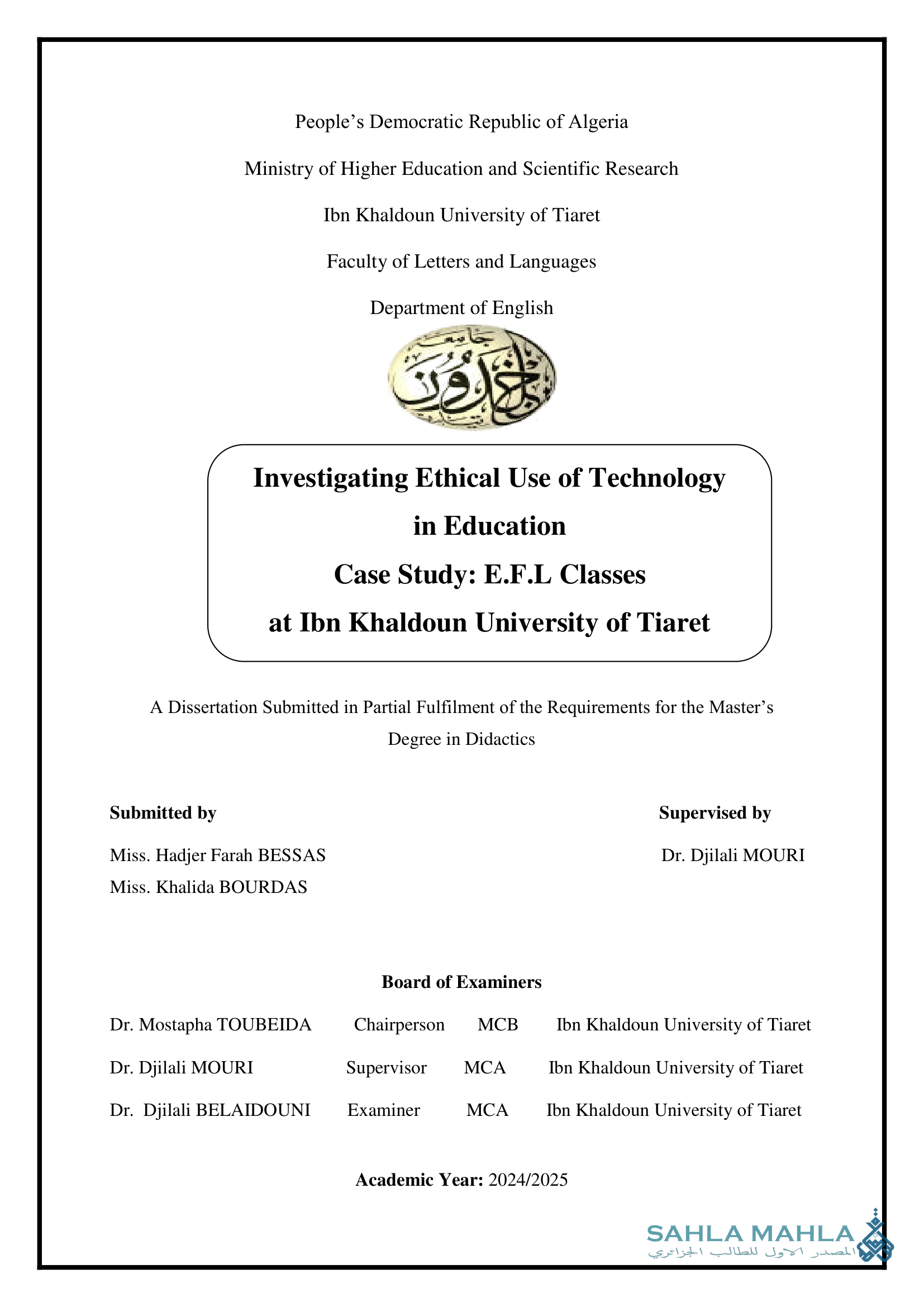 Investigating Ethical Use of Technology in Education Case Study: E.F.L Classes at Ibn Khaldoun University of Tiaret