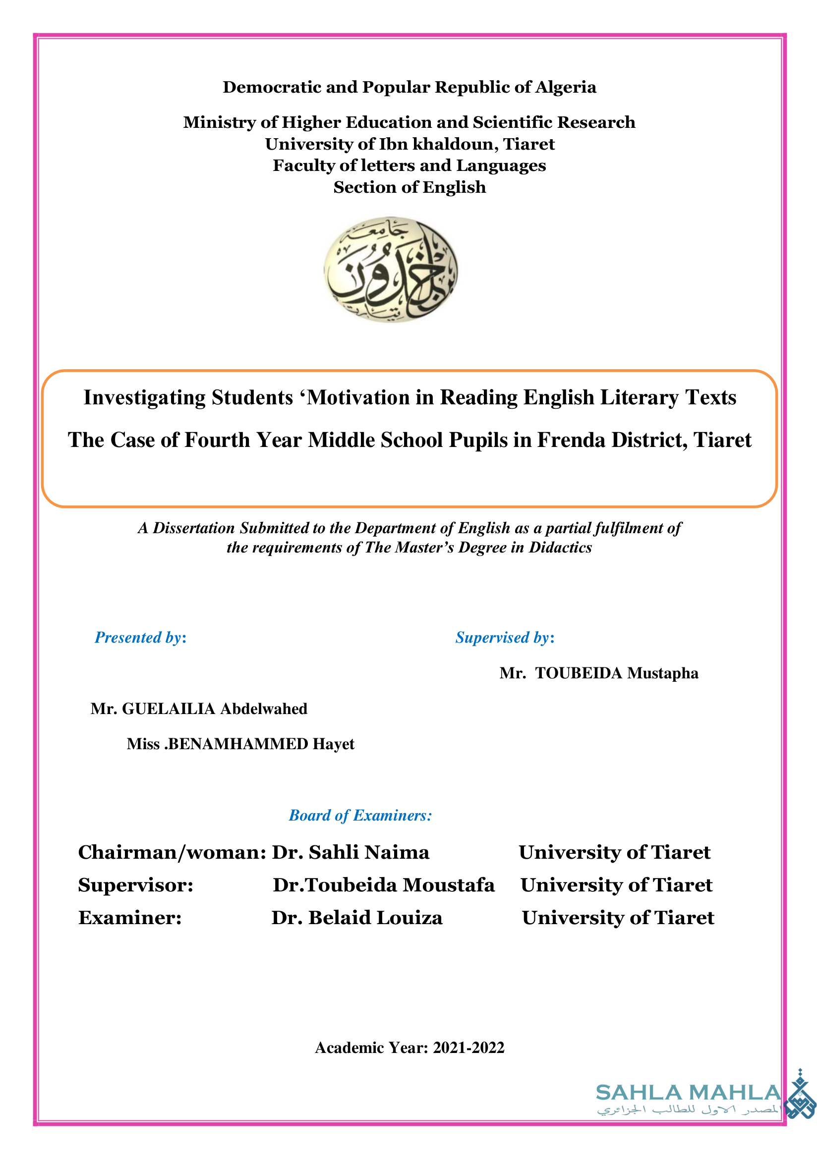 Investigating Students 'Motivation in Reading English Literary Texts The Case of Fourth Year Middle School Pupils in Frenda District, Tiaret