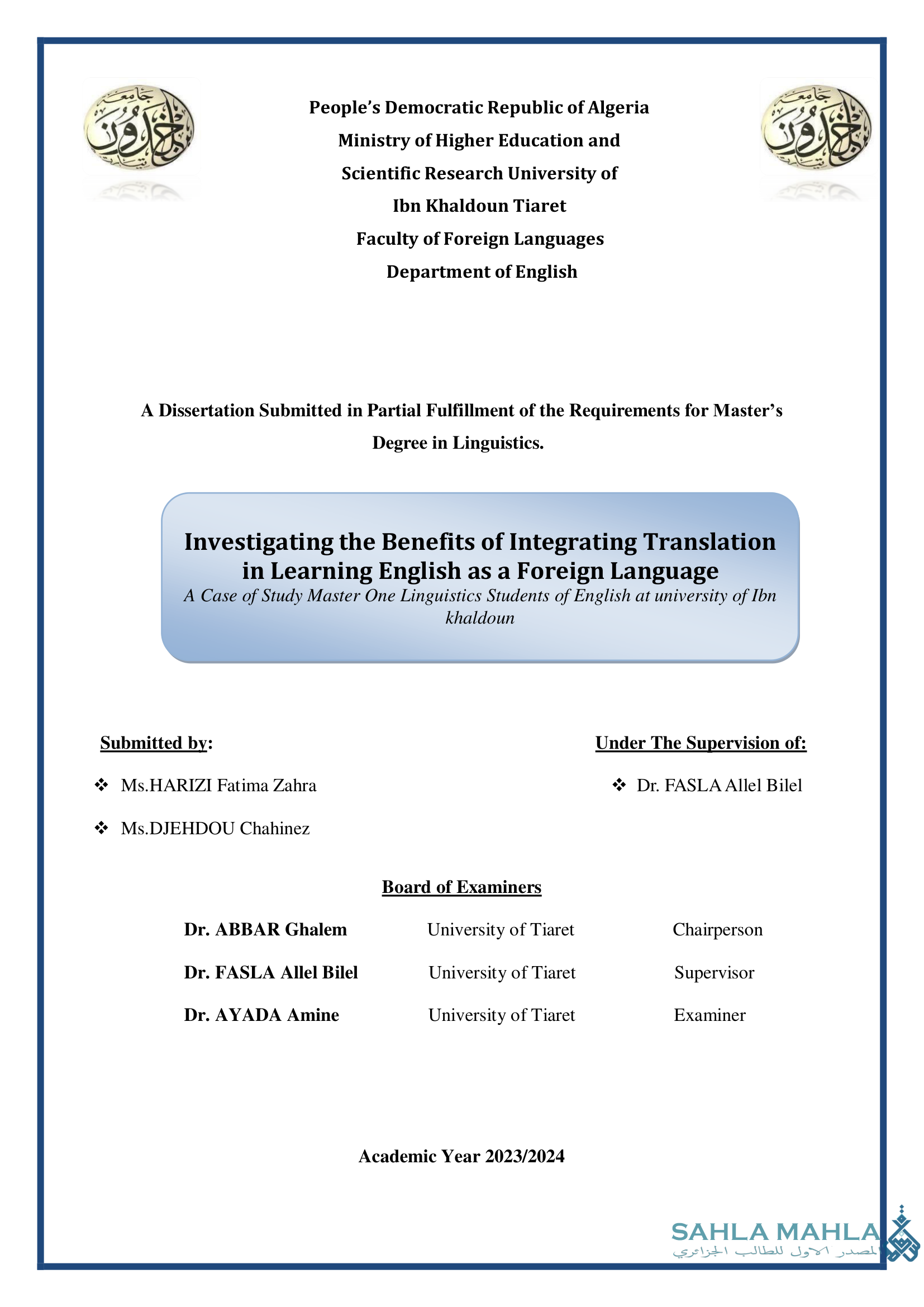 Investigating the Benefits of Integrating Translation in Learning English as a Foreign Language - A Case of Study Master One Linguistics Students of English at university of Ibn khaldoun