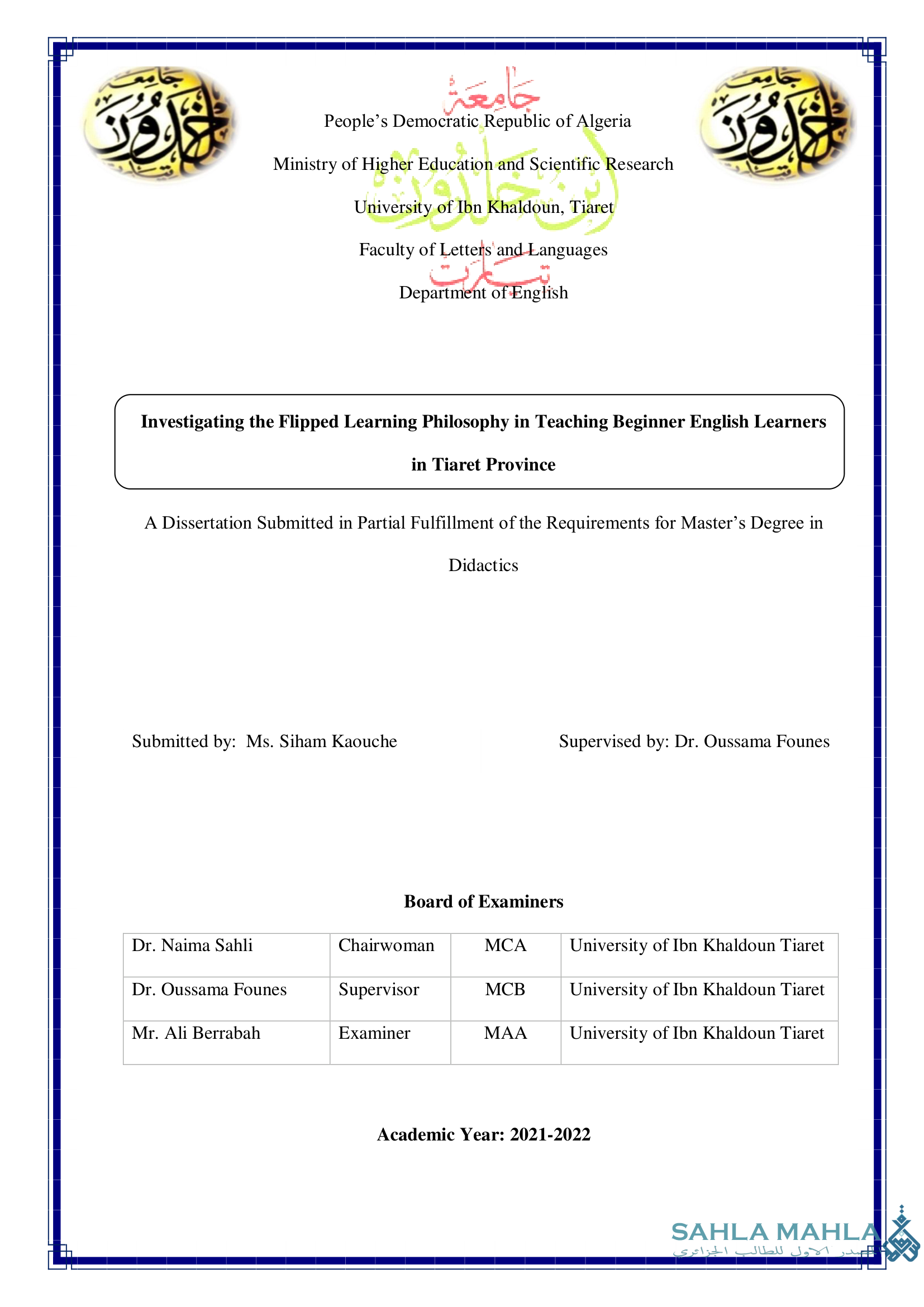 Investigating the Flipped Learning Philosophy in Teaching Beginner English Learners in Tiaret Province