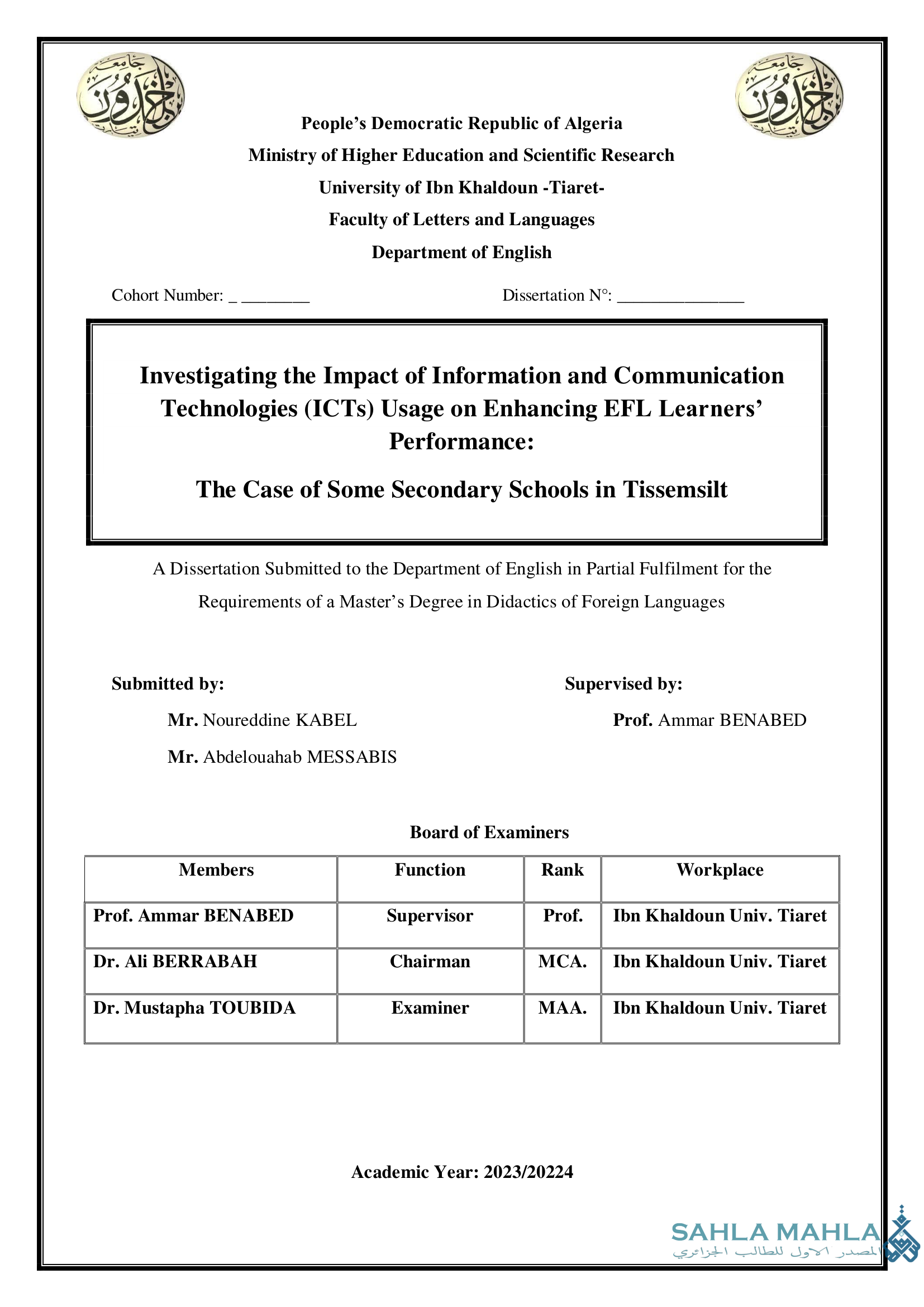 Investigating the Impact of Information and Communication Technologies (ICTs) Usage on Enhancing EFL Learners' Performance: The Case of Some Secondary Schools in Tissemsilt