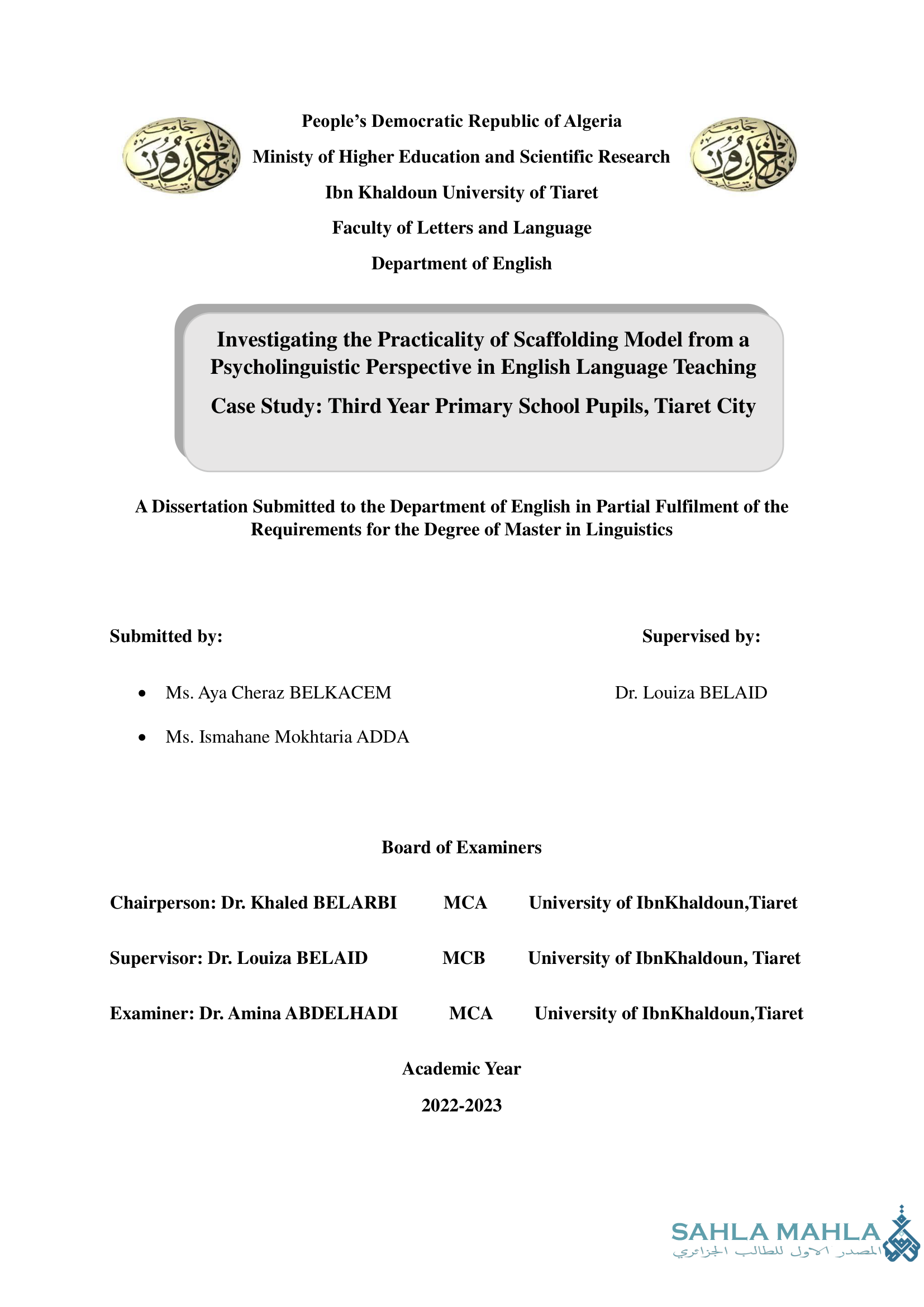 Investigating the Practicality of Scaffolding Model from a Psycholinguistic Perspective in English Language Teaching - Case Study: Third Year Primary School Pupils, Tiaret City