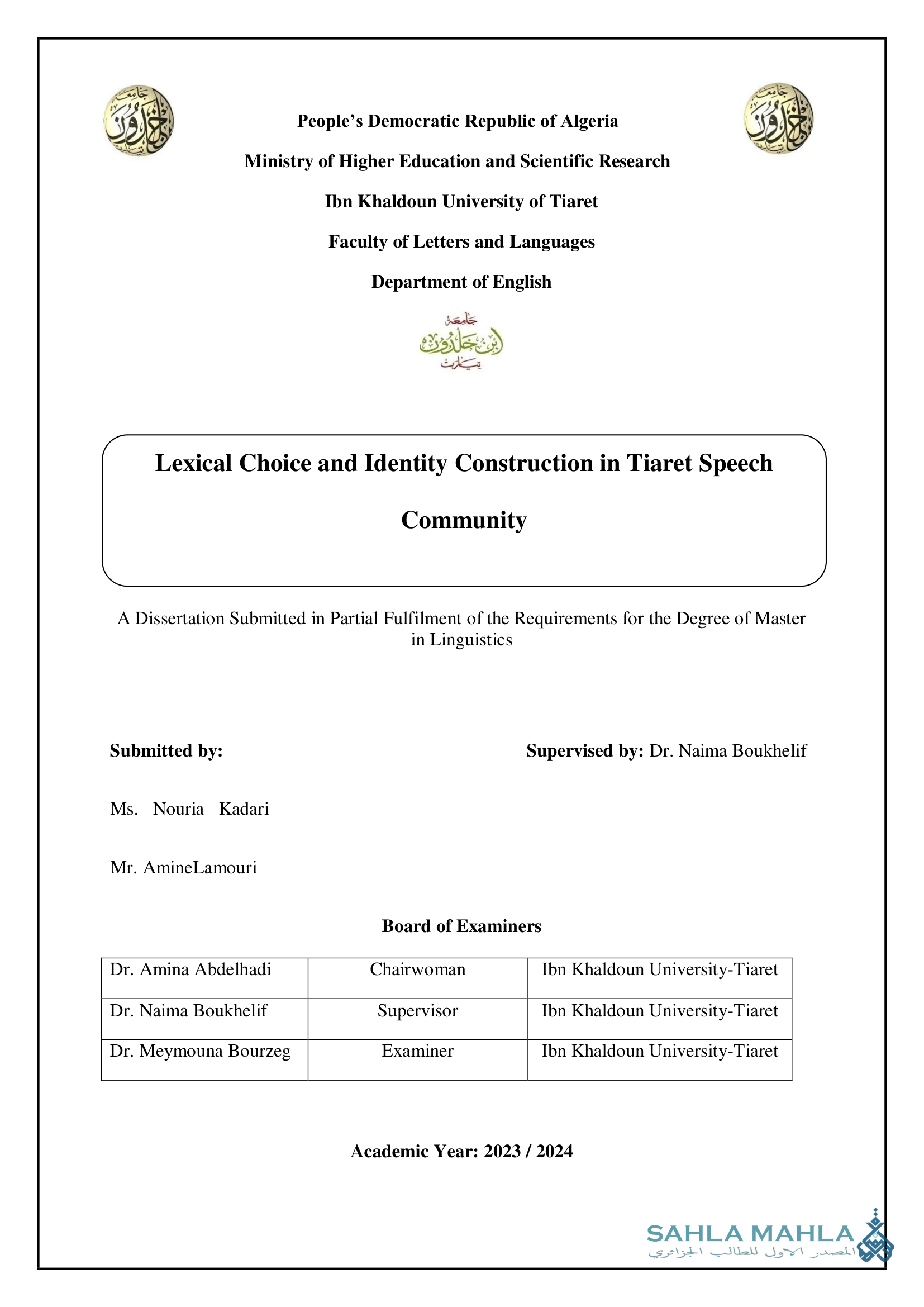 Lexical Choice and Identity Construction in Tiaret Speech Community