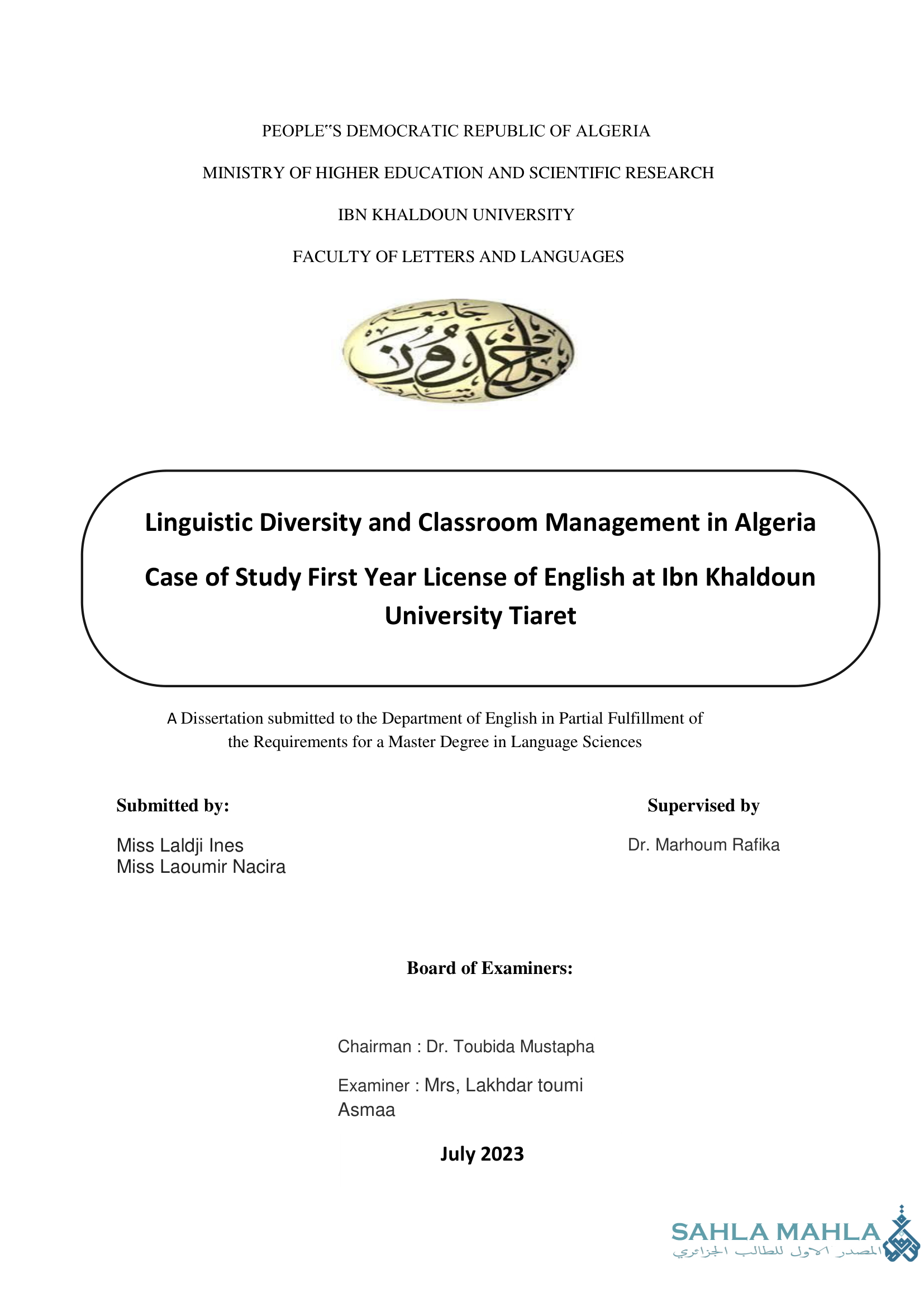 Linguistic Diversity and Classroom Management in Algeria Case of Study First Year License of English at Ibn Khaldoun University Tiaret