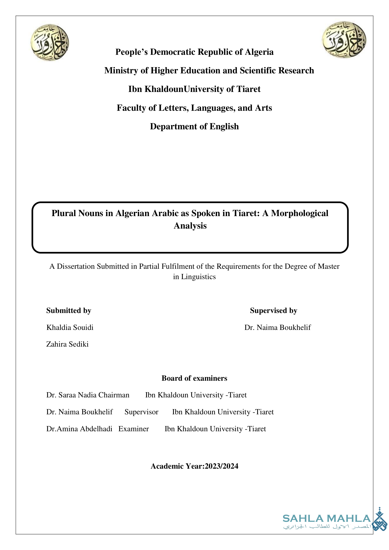 Plural Nouns in Algerian Arabic as Spoken in Tiaret: A Morphological Analysis