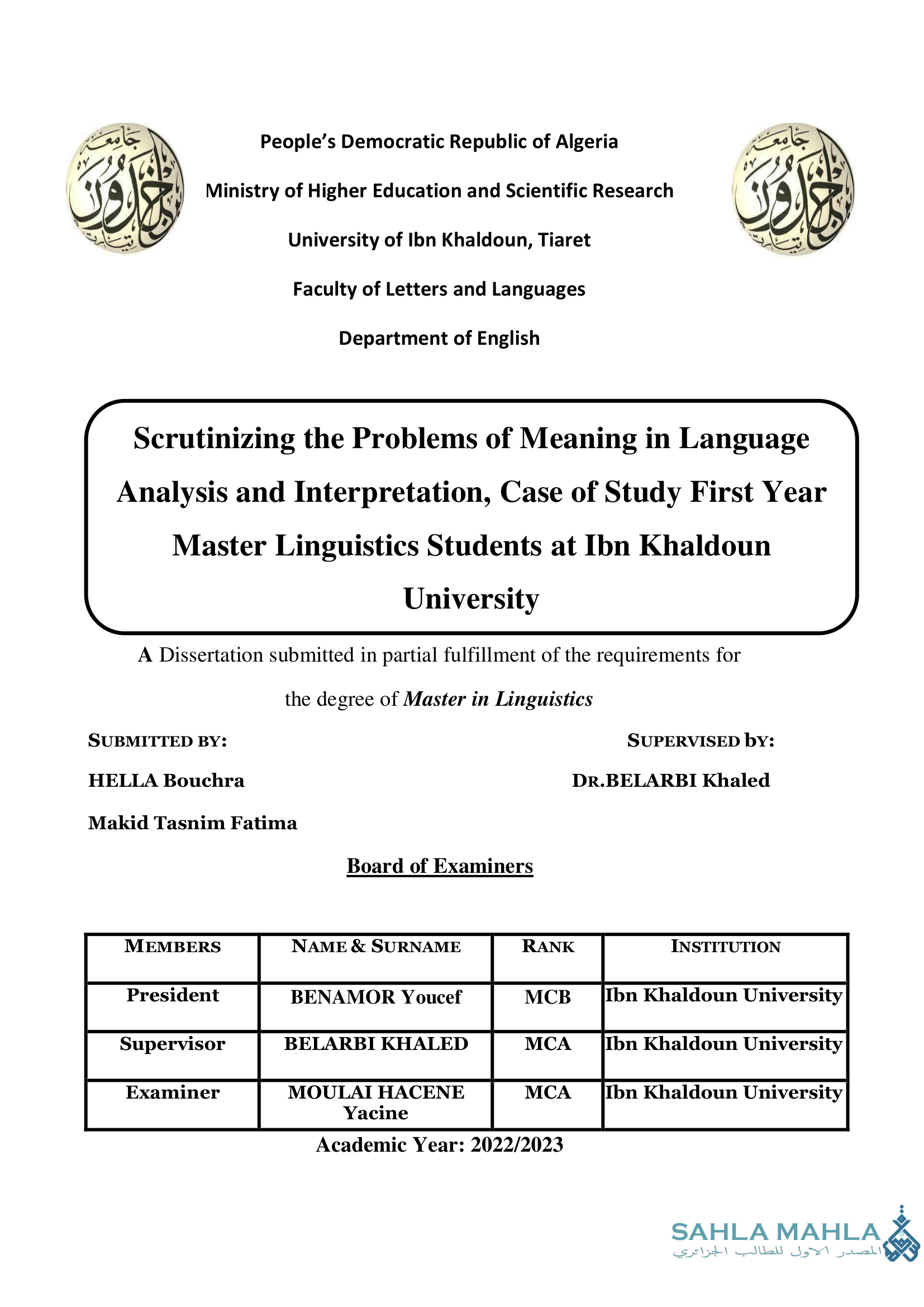 Scrutinizing the Problems of Meaning in Language Analysis and Interpretation, Case of Study First Year Master Linguistics Students at Ibn Khaldoun University