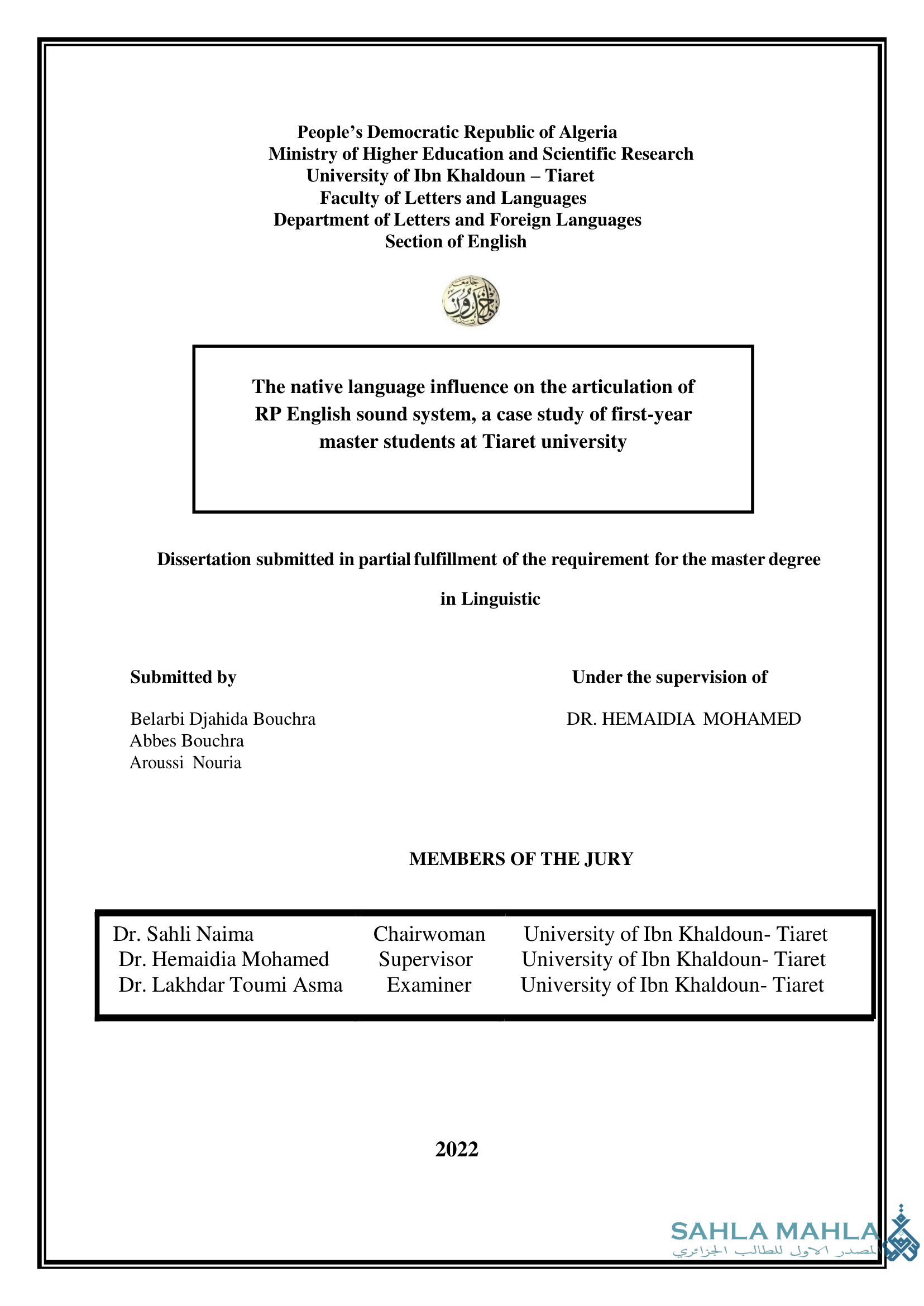 The native language influence on the articulation of RP English sound system, a case study of first-year master students at Tiaret university