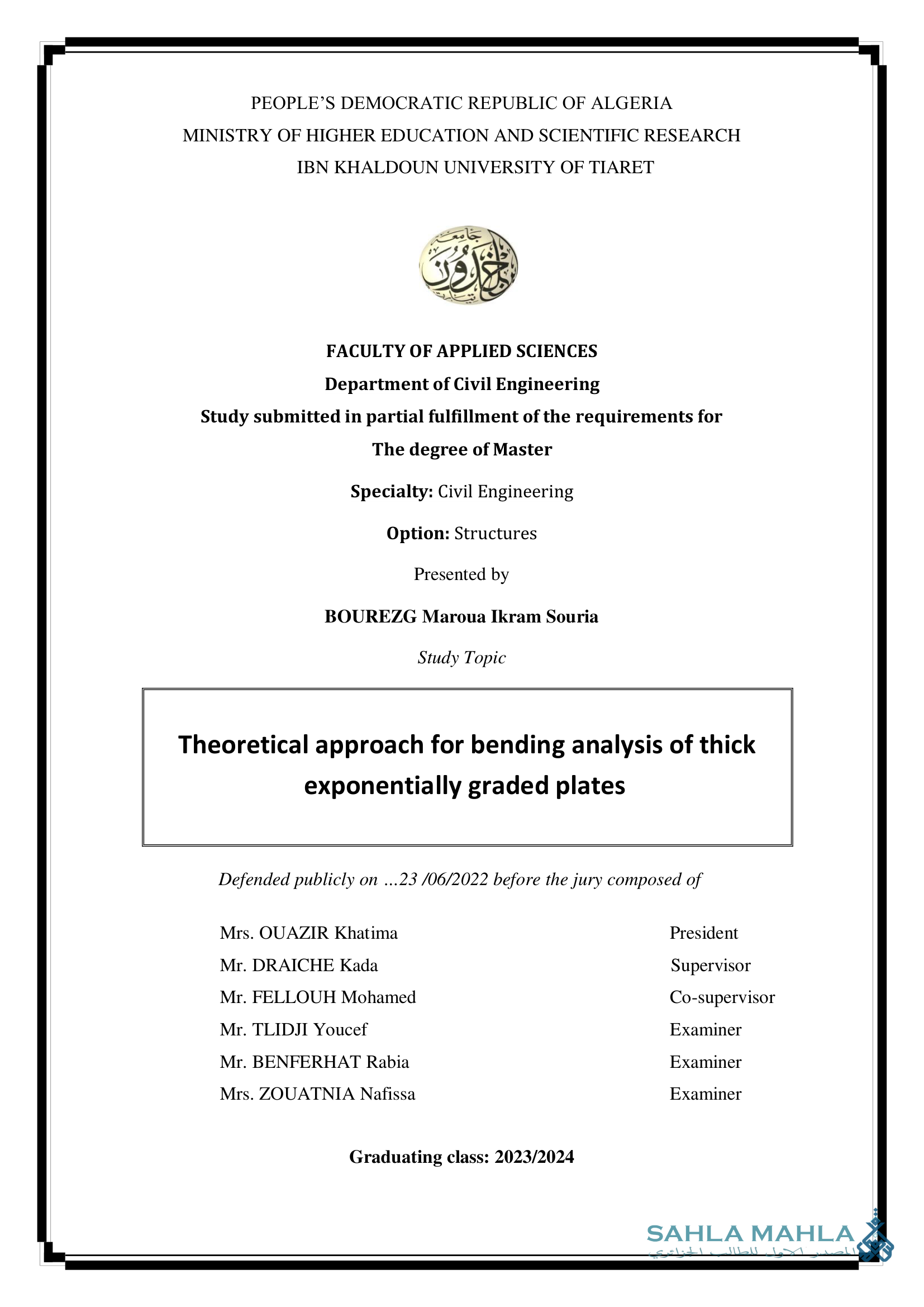 Theoretical approach for bending analysis of thick exponentially graded plates