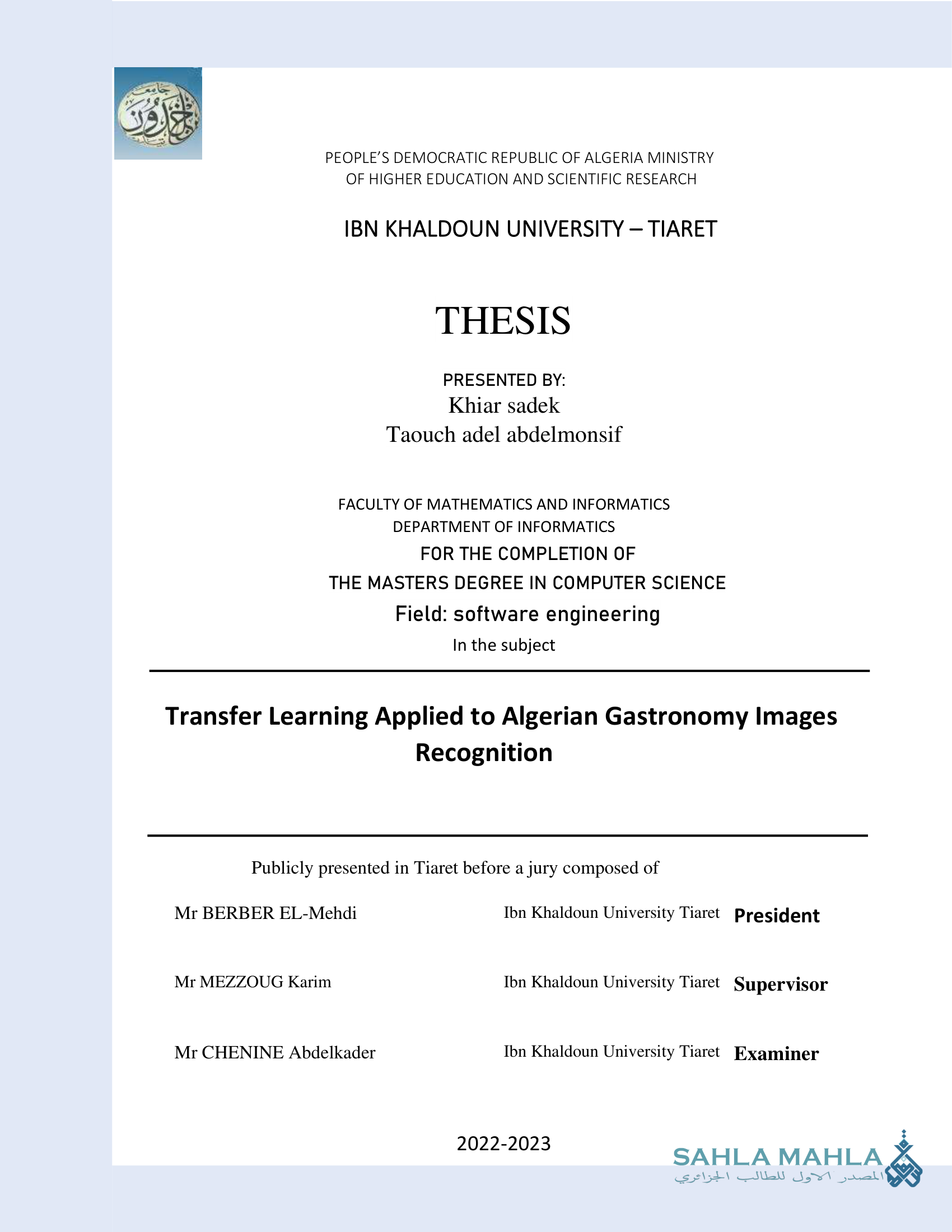 Transfer Learning Applied to Algerian Gastronomy Images Recognition