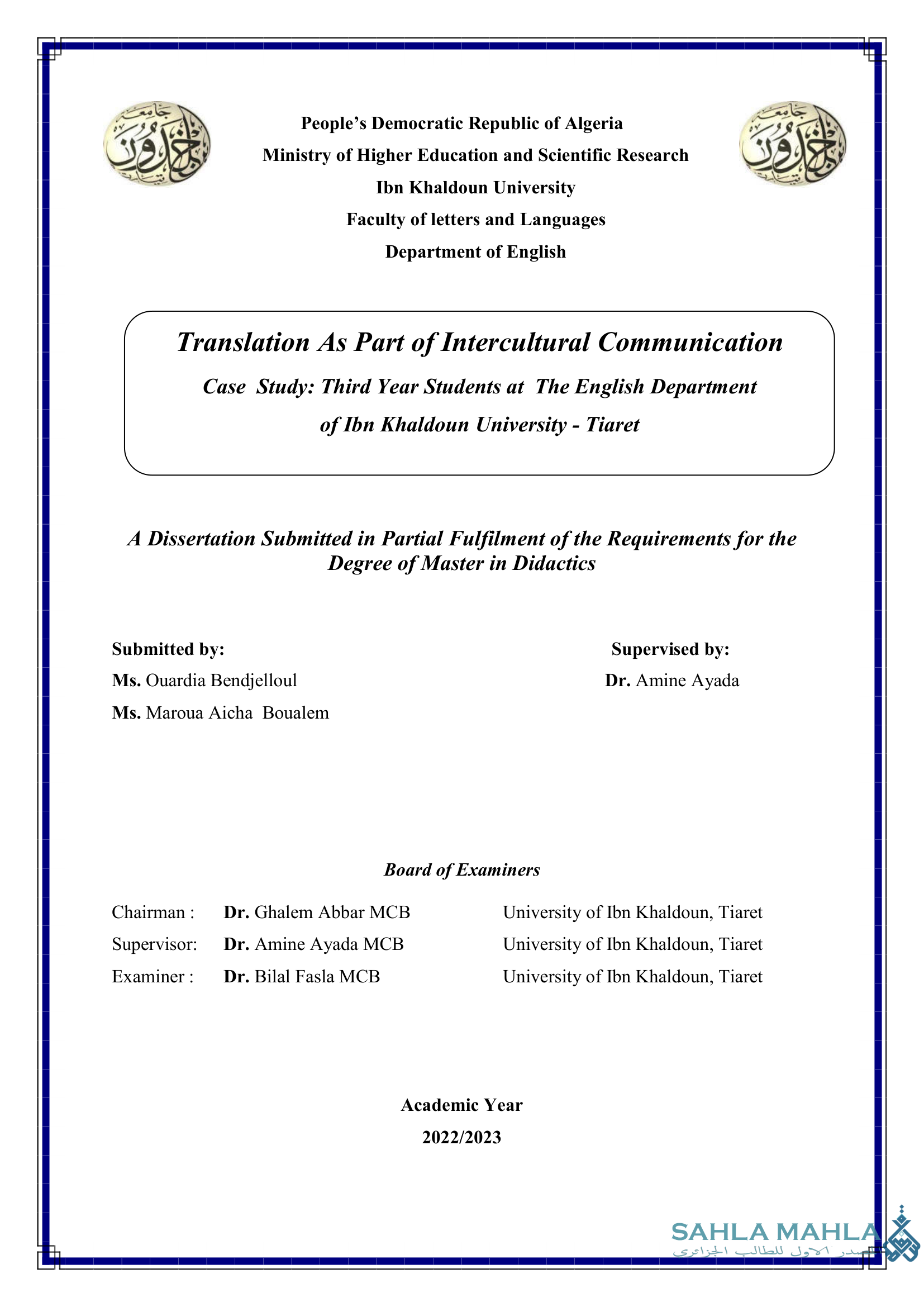 Translation As Part of Intercultural Communication Case Study: Third Year Students at The English Department of Ibn Khaldoun University - Tiaret