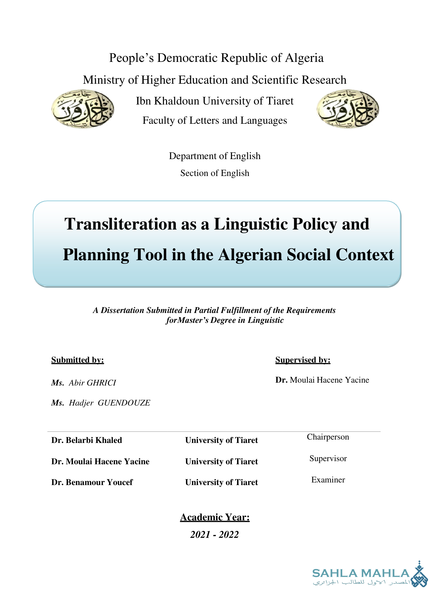 Transliteration as a Linguistic Policy and Planning Tool in the Algerian Social Context