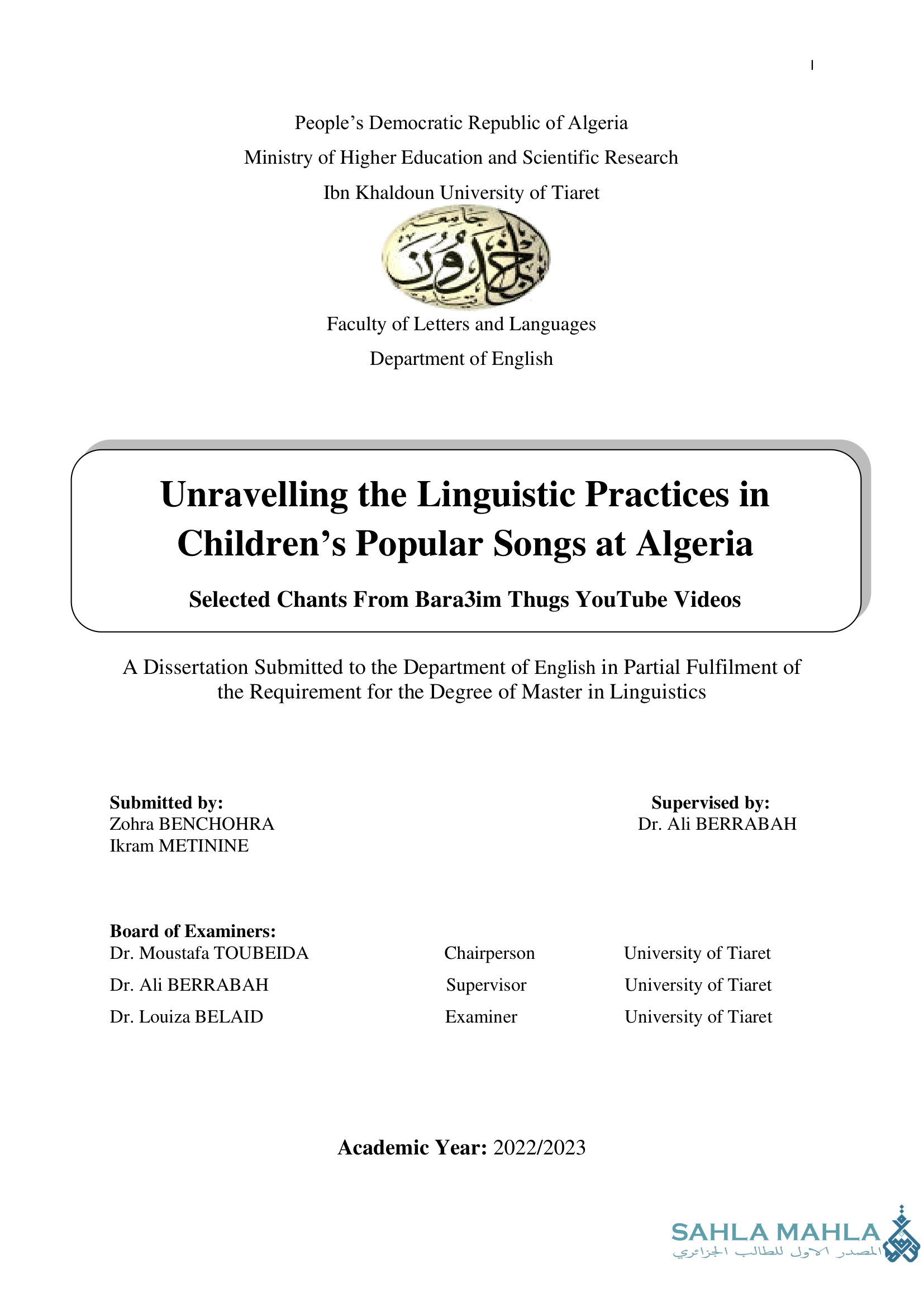 Unravelling the Linguistic Practices in Children's Popular Songs at Algeria Selected Chants From Bara3im Thugs YouTube Videos