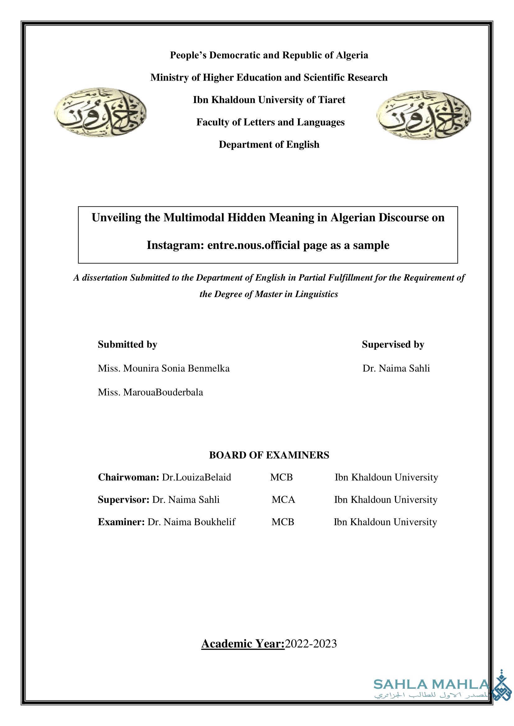 Unveiling the Multimodal Hidden Meaning in Algerian Discourse on Instagram: entre.nous.official page as a sample