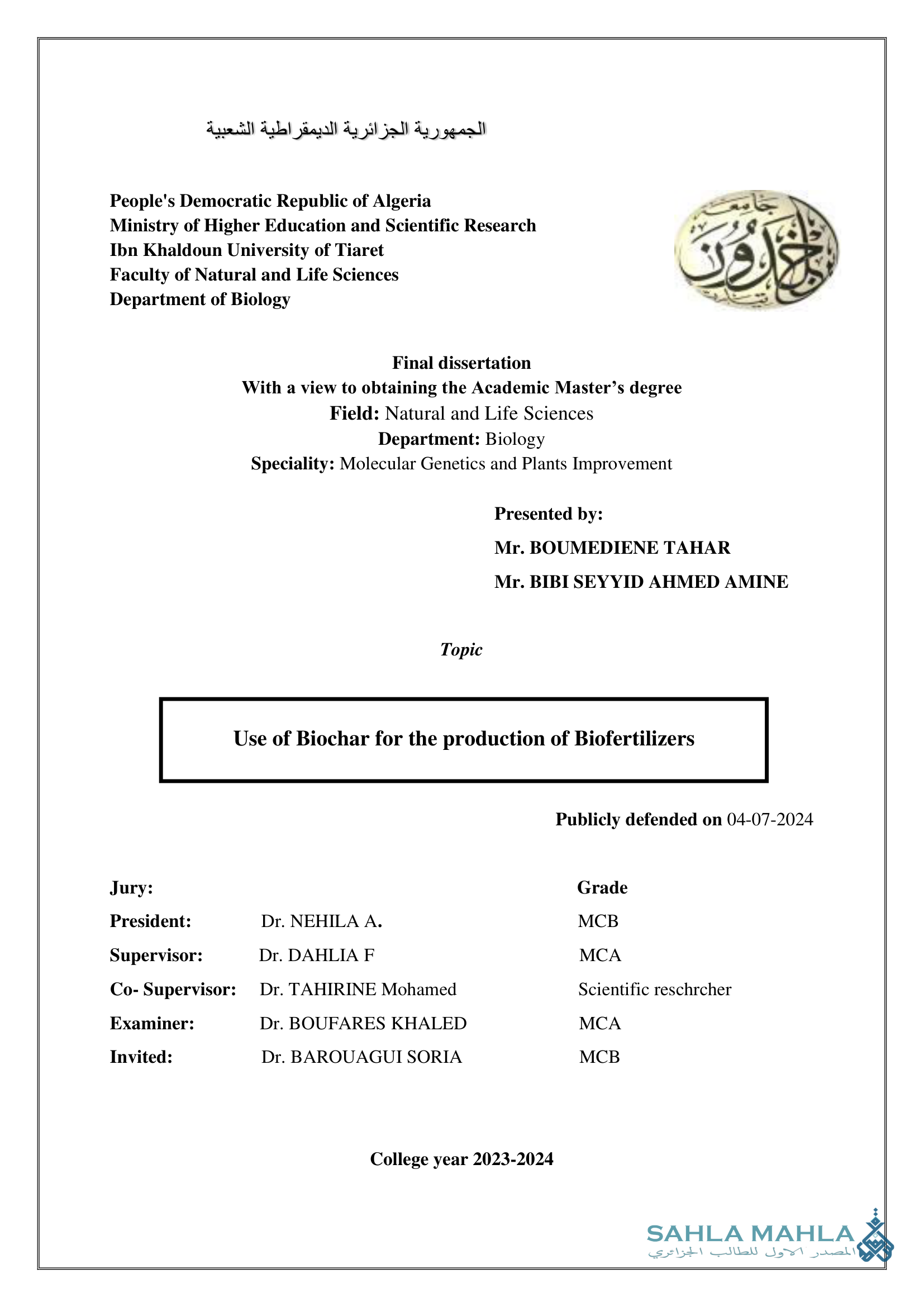 Use of Biochar for the production of Biofertilizers