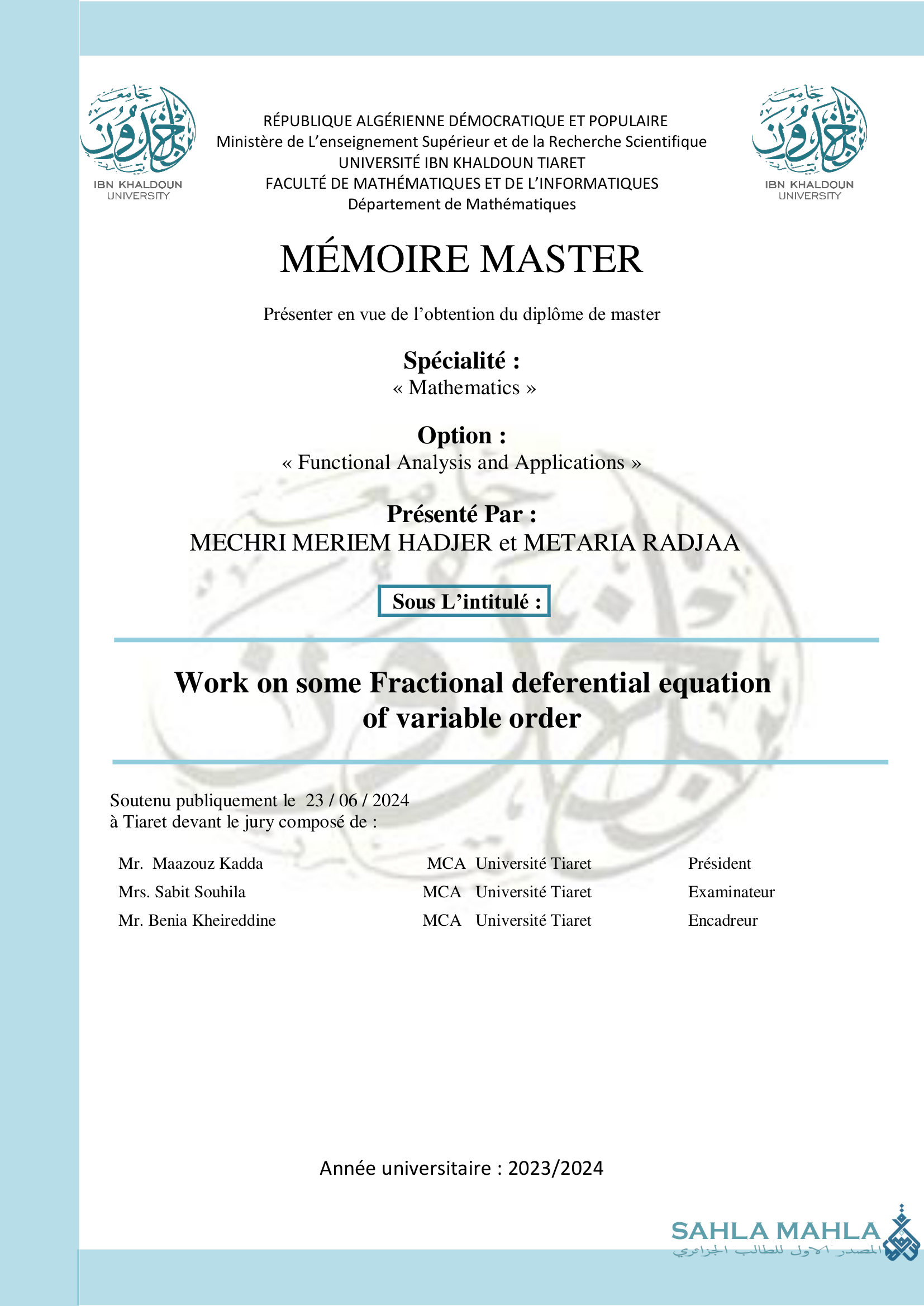 Work on some Fractional deferential equation of variable order