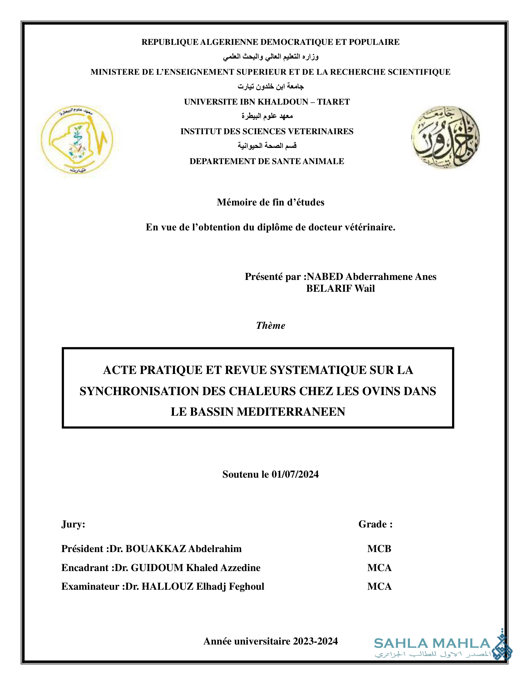 ACTE PRATIQUE ET REVUE SYSTEMATIQUE SUR LA SYNCHRONISATION DES CHALEURS CHEZ LES OVINS DANS LE BASSIN MEDITERRANEEN