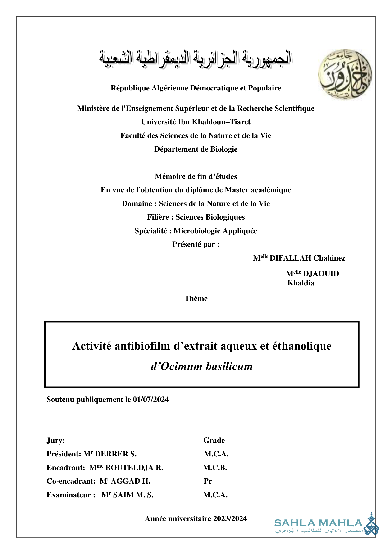 Activité antibiofilm d'extrait aqueux et éthanolique d'Ocimum basilicum