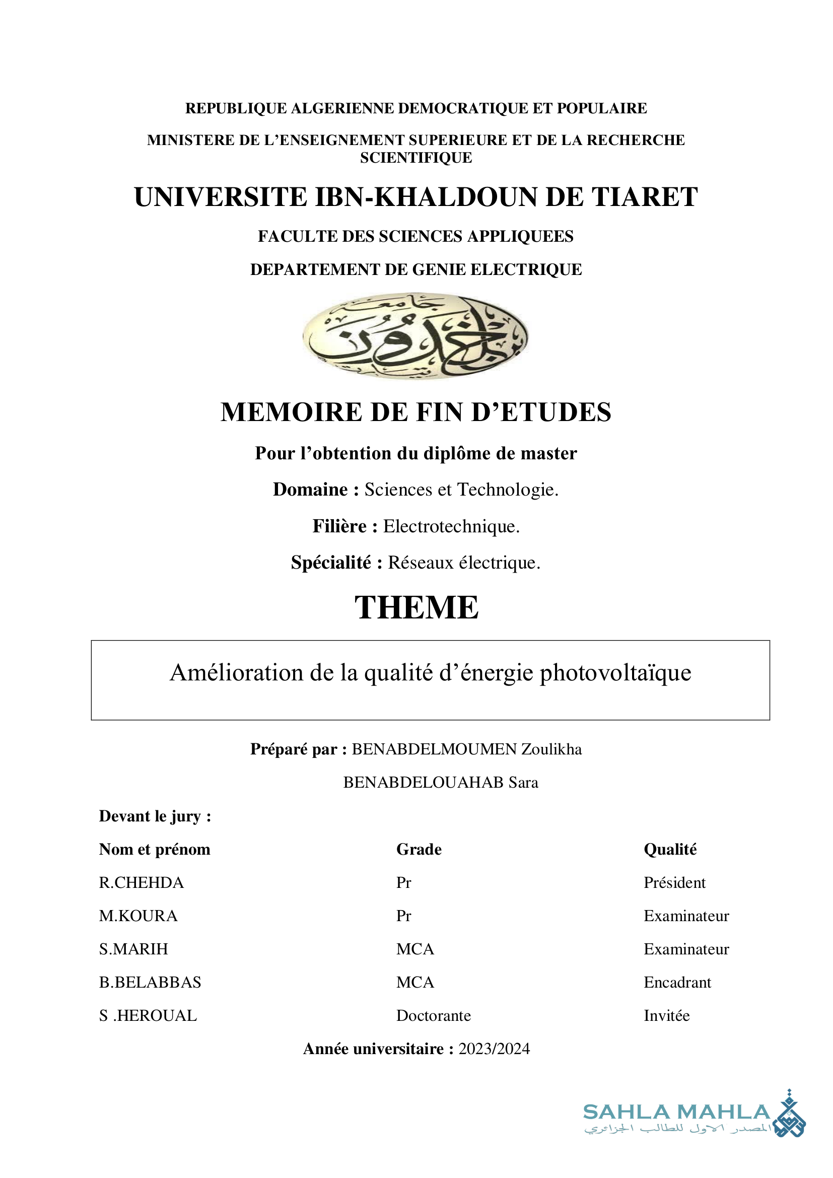 Amélioration de la qualité d'énergie photovoltaïque