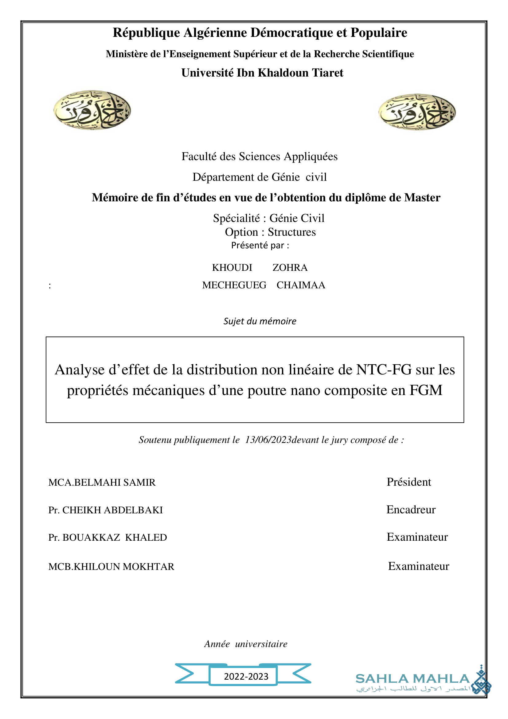 Analyse d'effet de la distribution non linéaire de NTC-FG sur les propriétés mécaniques d'une poutre nano composite en FGM