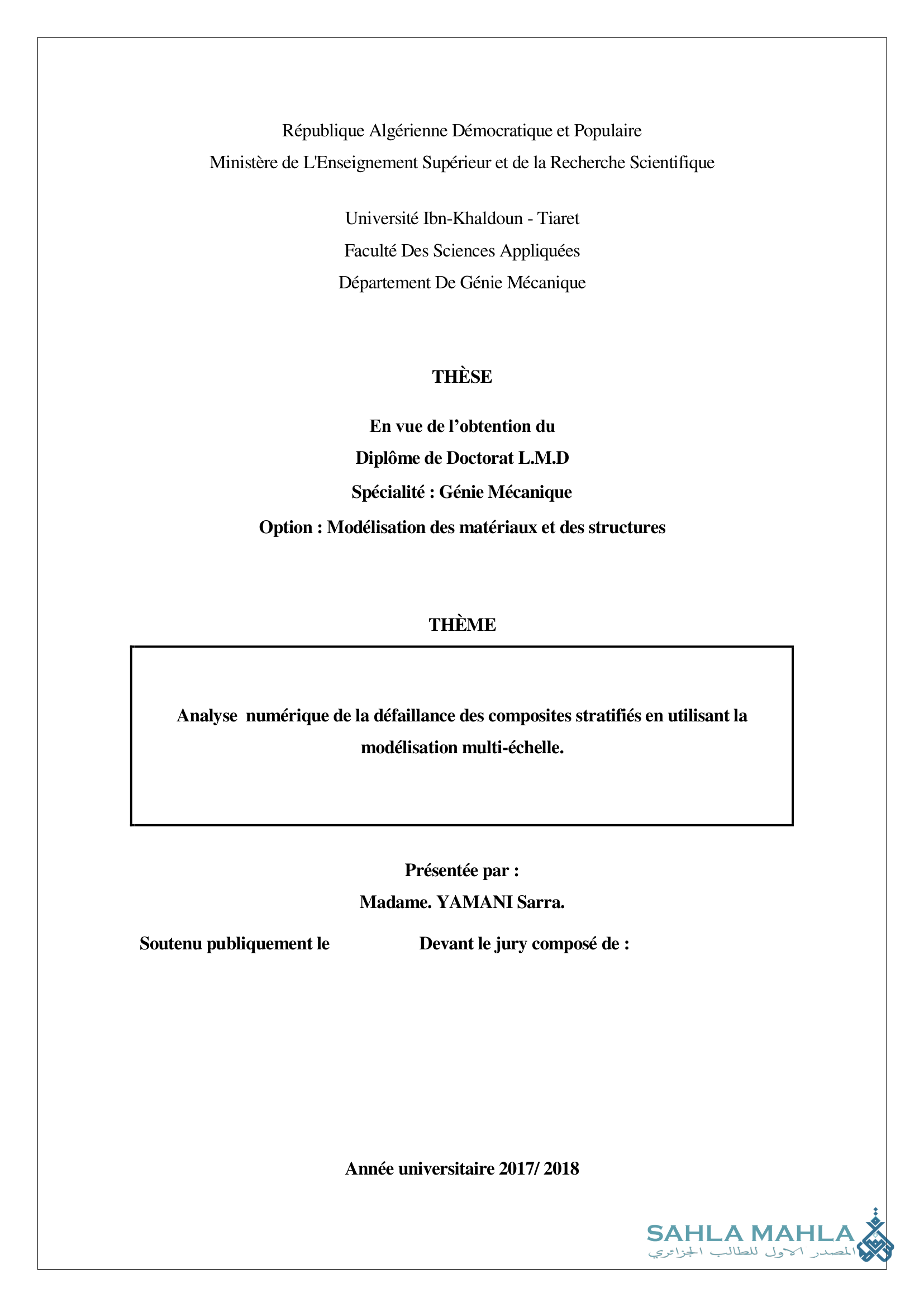 Analyse numérique de la défaillance des composites stratifiés en utilisant la modélisation multi-échelle.