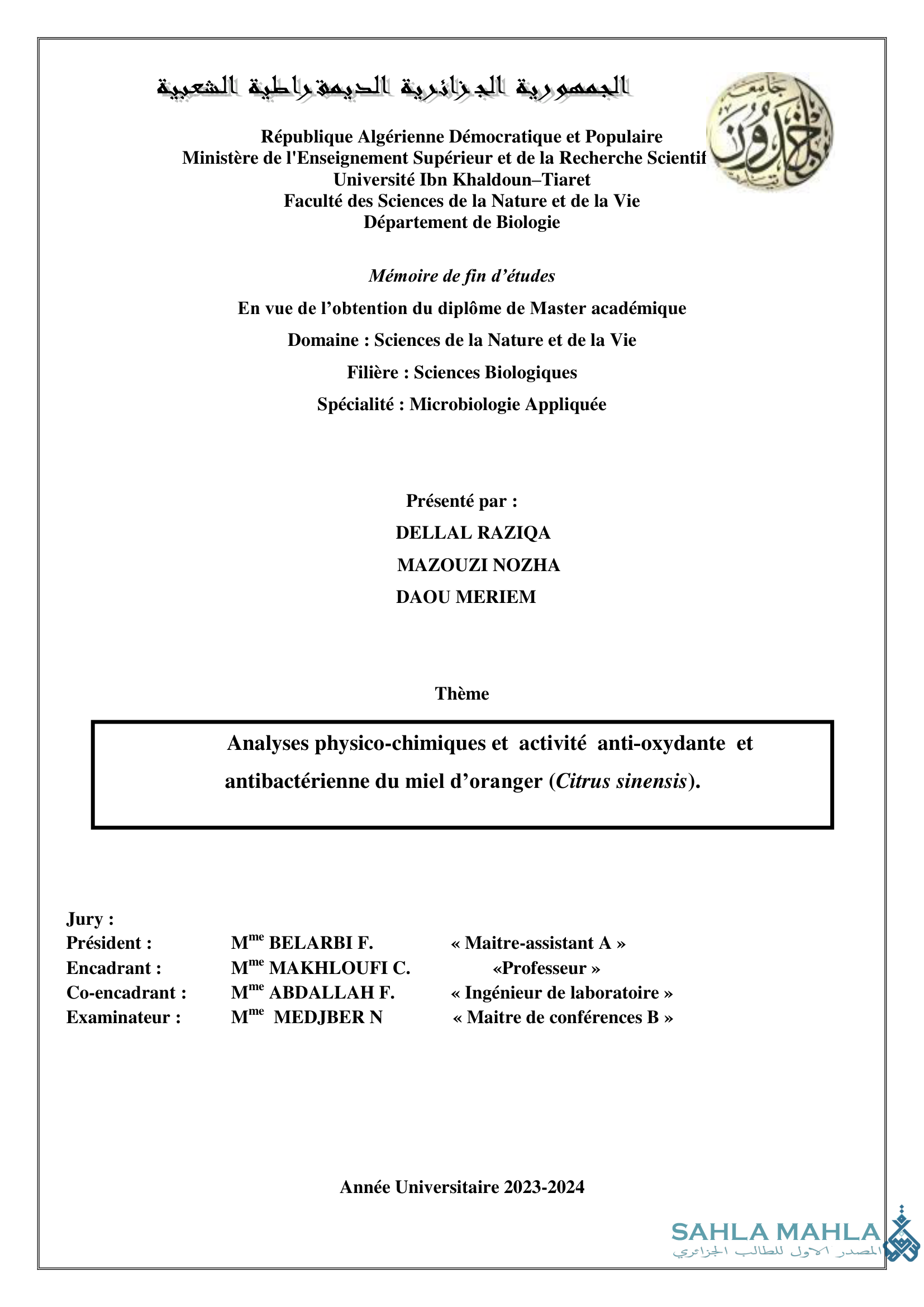 Analyses physico-chimiques et activité anti-oxydante et antibactérienne du miel d'oranger (Citrus sinensis).