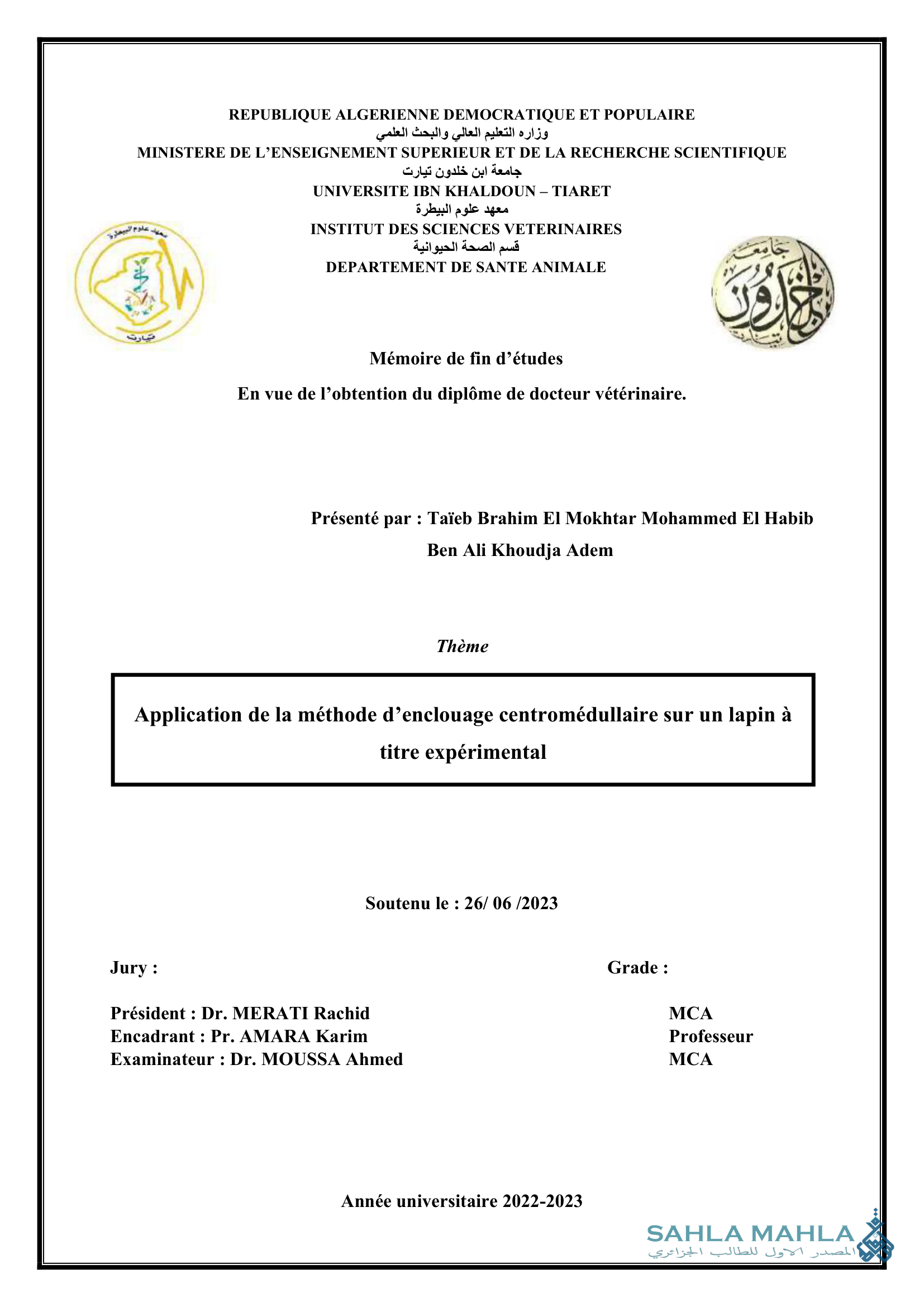 Application de la méthode d'enclouage centromédullaire sur un lapin à titre expérimental