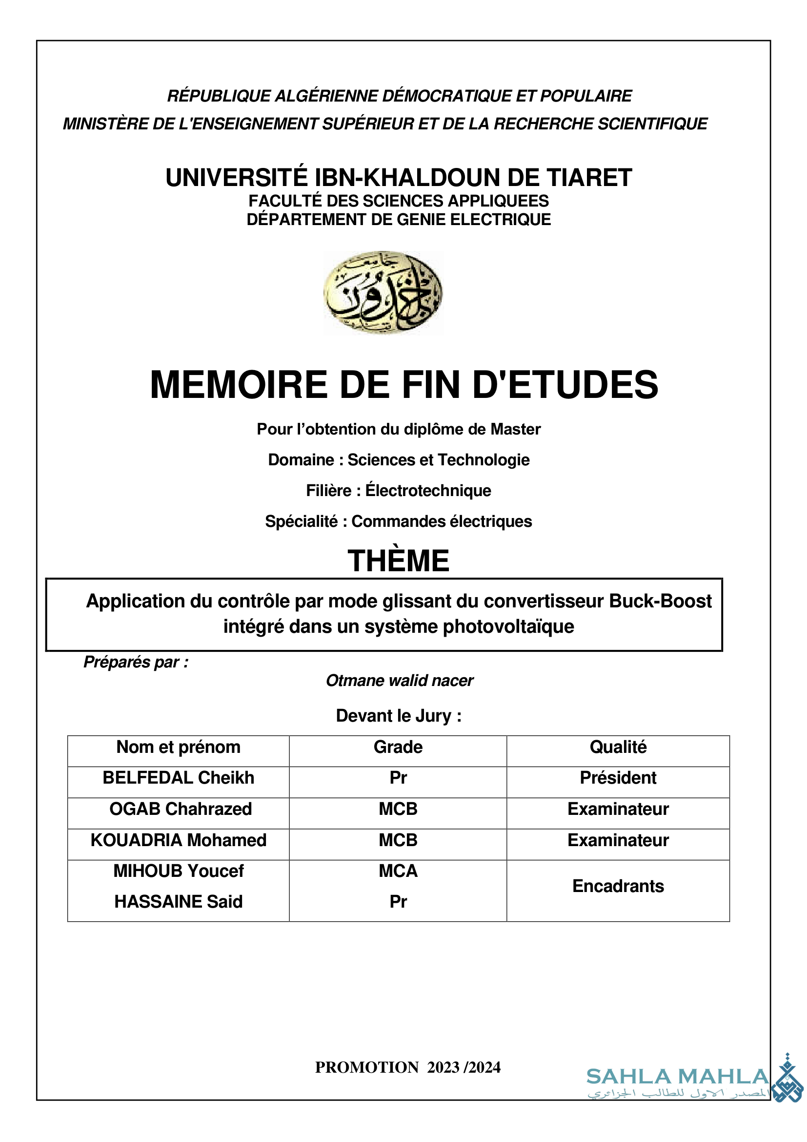 Application du contrôle par mode glissant du convertisseur Buck-Boost intégré dans un système photovoltaïque