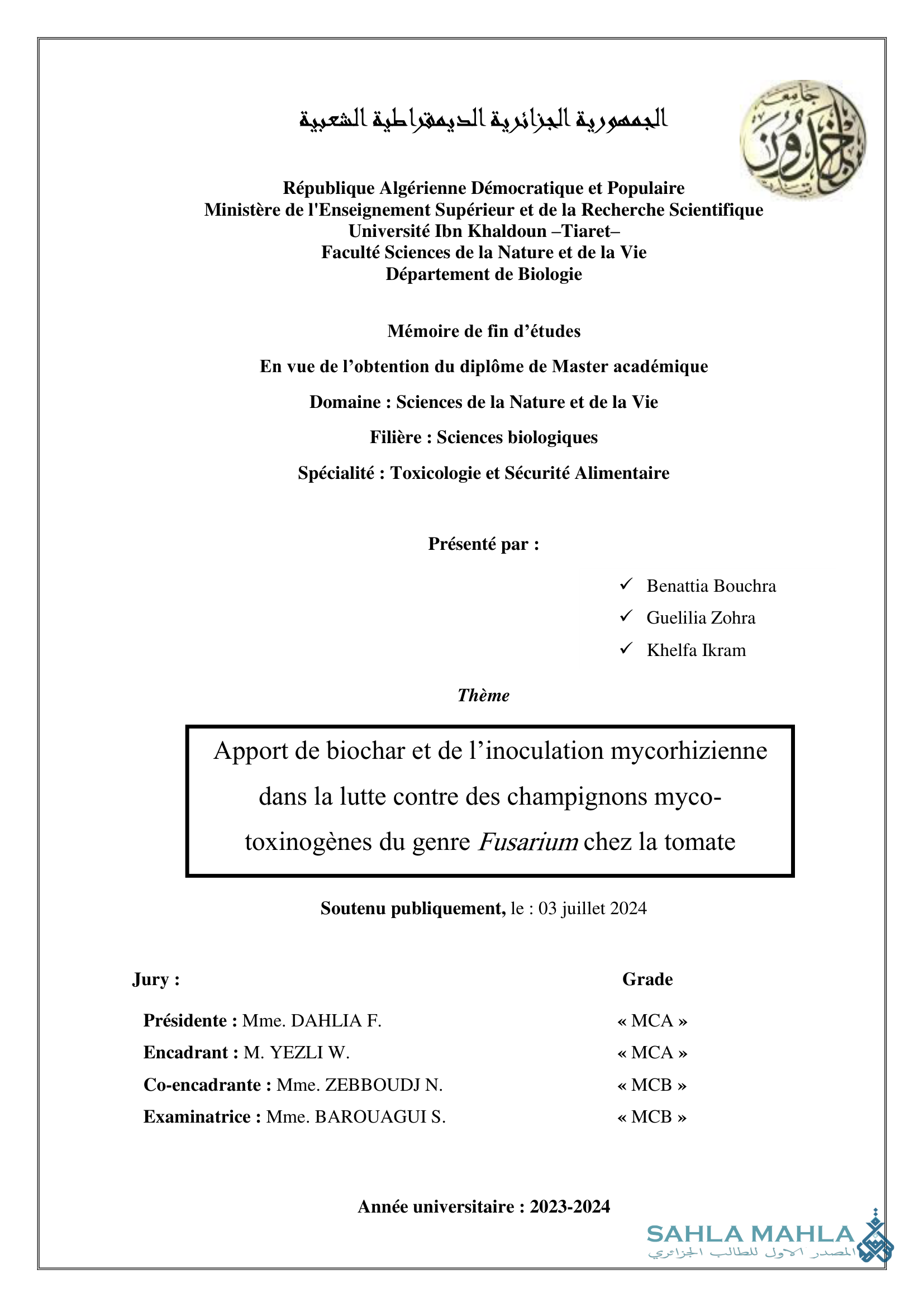 Apport de biochar et de l'inoculation mycorhizienne dans la lutte contre des champignons mycotoxinogènes du genre Fusarium chez la tomate