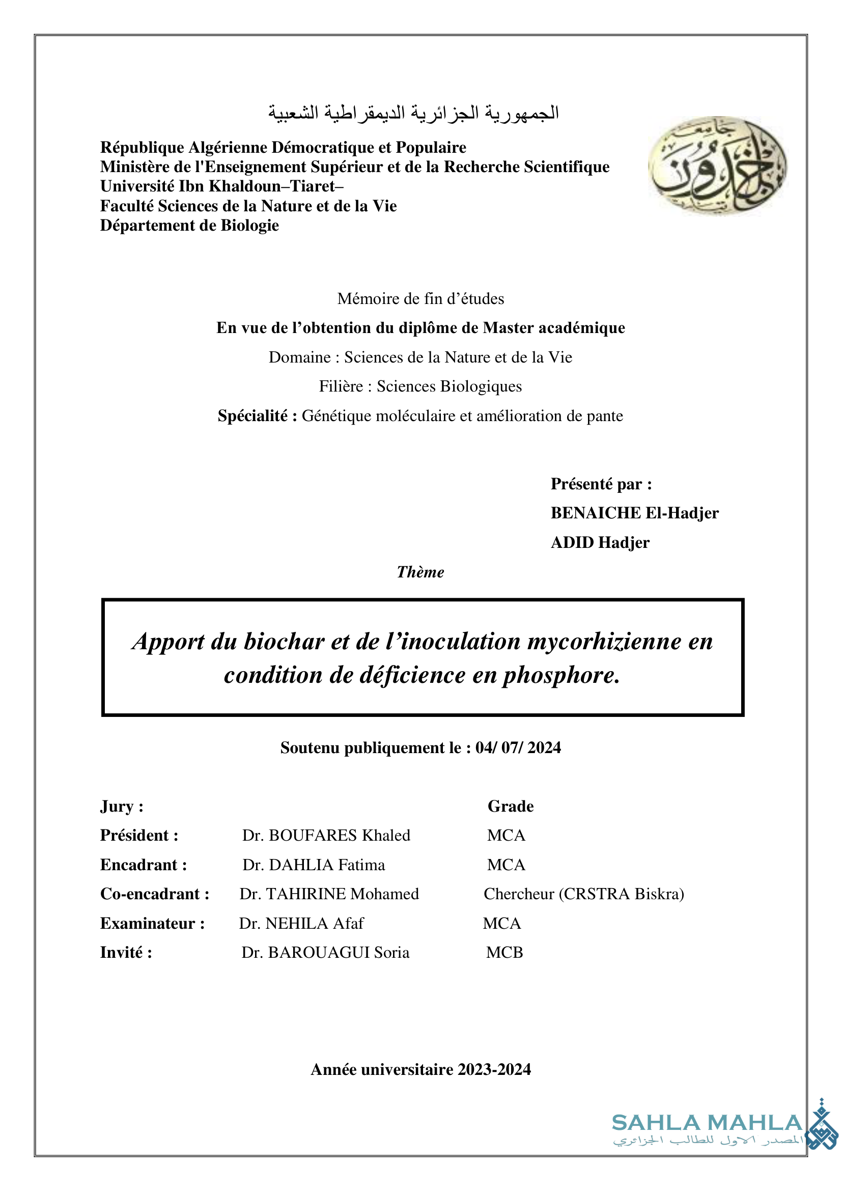 Apport du biochar et de l'inoculation mycorhizienne en condition de déficience en phosphore.