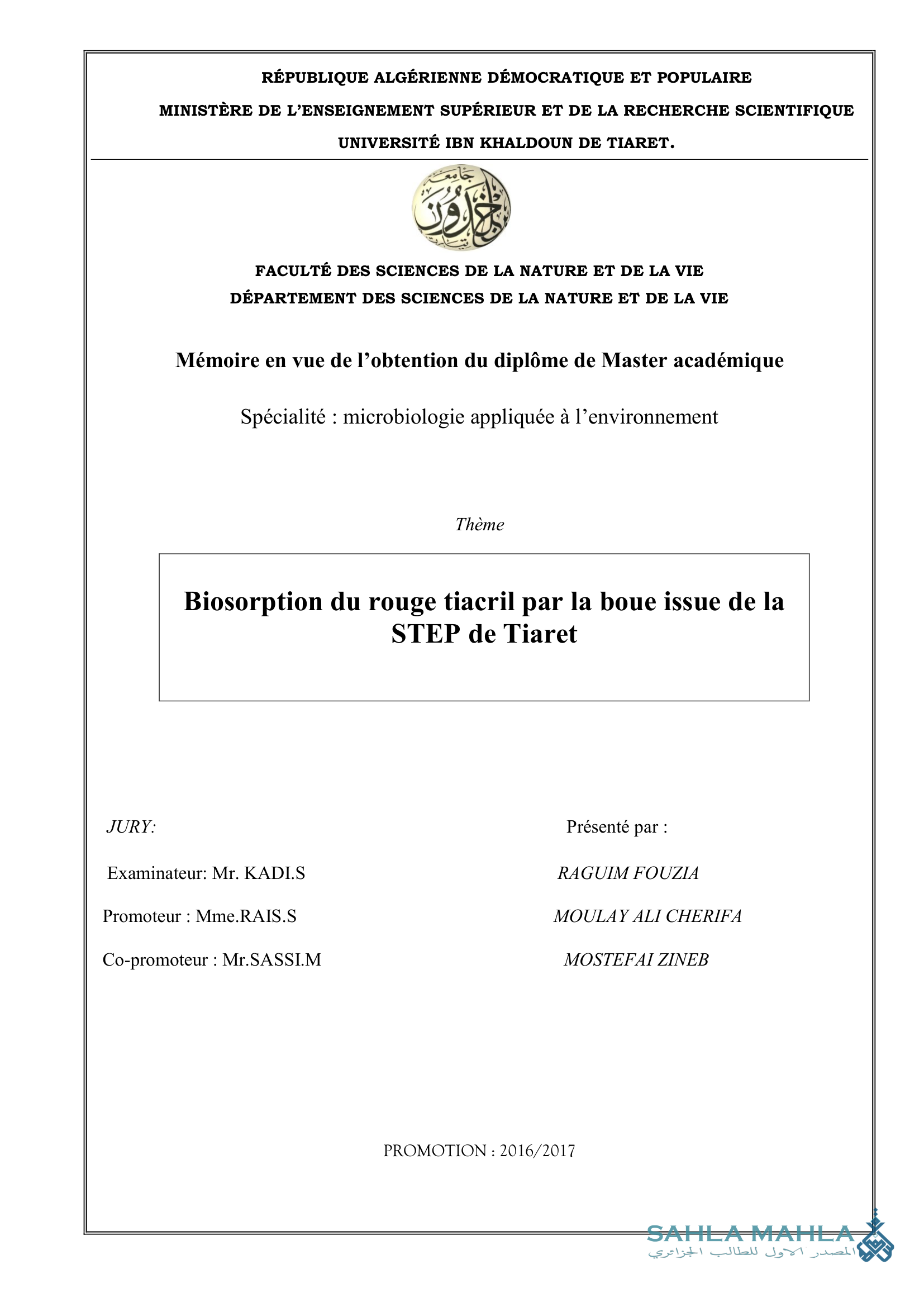 Biosorption du rouge tiacril par la boue issue de la STEP de Tiaret