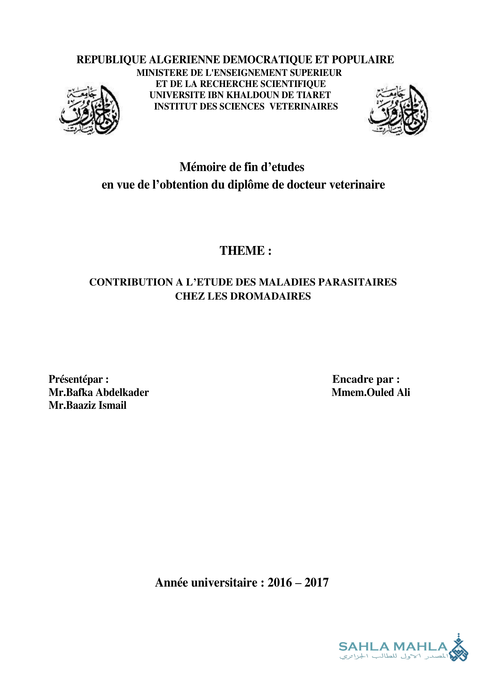 CONTRIBUTION A L'ETUDE DES MALADIES PARASITAIRES CHEZ LES DROMADAIRES