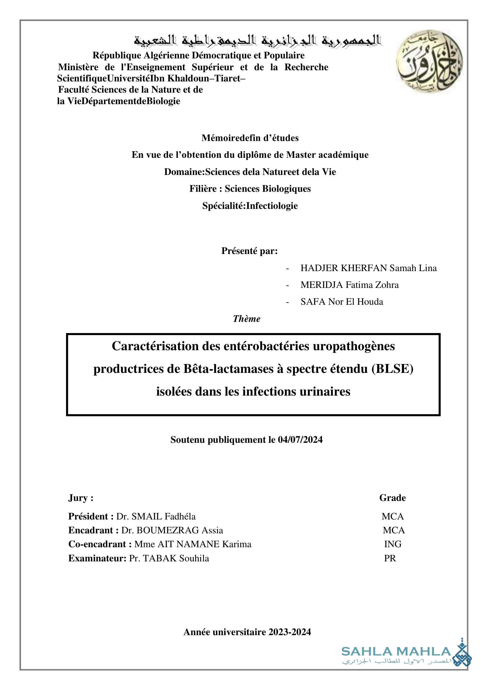 Caractérisation des entérobactéries uropathogènes productrices de Bêta-lactamases à spectre étendu (BLSE) isolées dans les infections urinaires