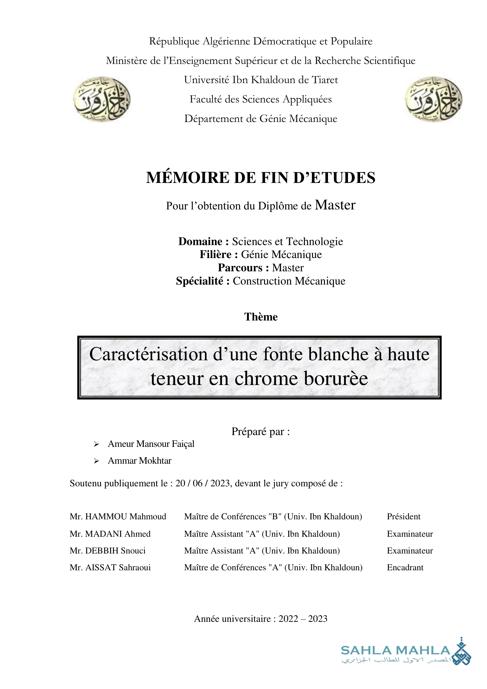 Caractérisation d'une fonte blanche à haute teneur en chrome borurèe