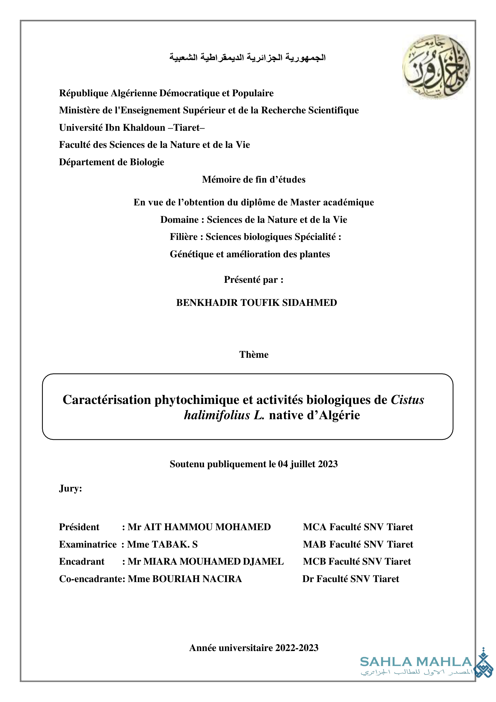Caractérisation phytochimique et activités biologiques de Cistus halimifolius L. native d'Algérie