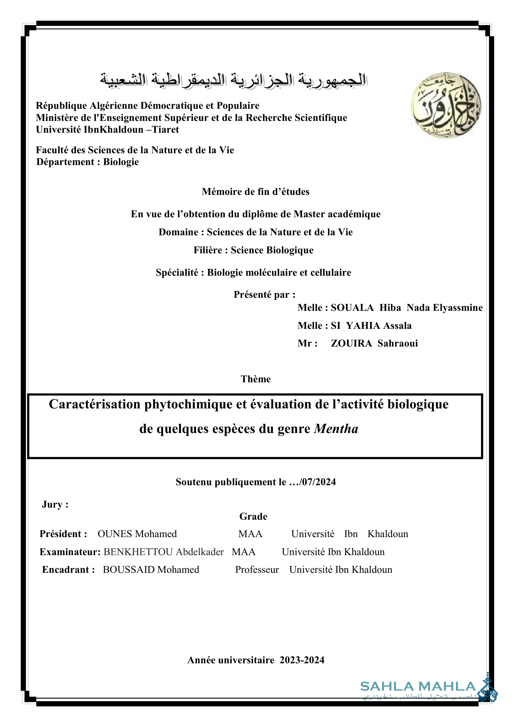 Caractérisation phytochimique et évaluation de l'activité biologique de quelques espèces du genre Mentha