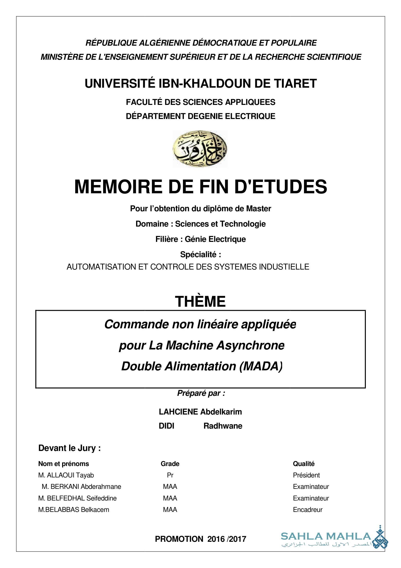 Commande non linéaire appliquée pour La Machine Asynchrone Double Alimentation (MADA)