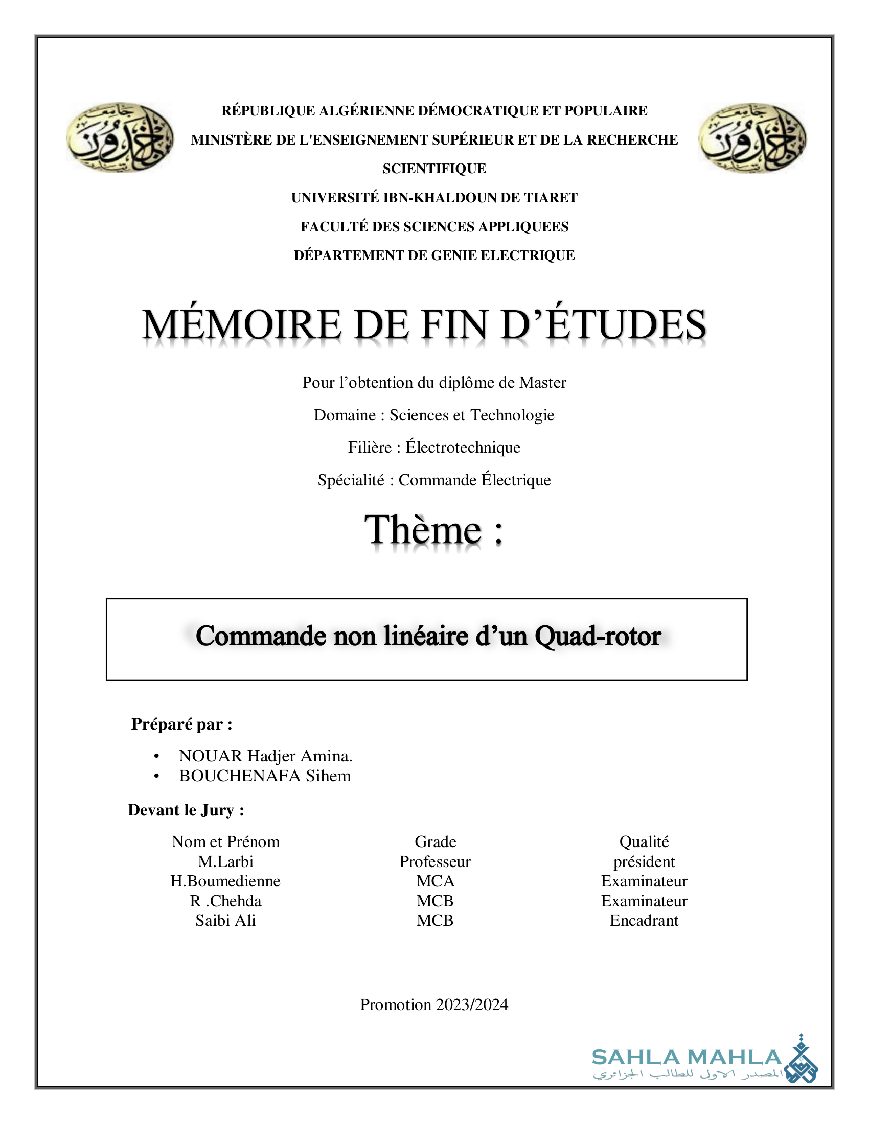 Commande non linéaire d'un Quad-rotor