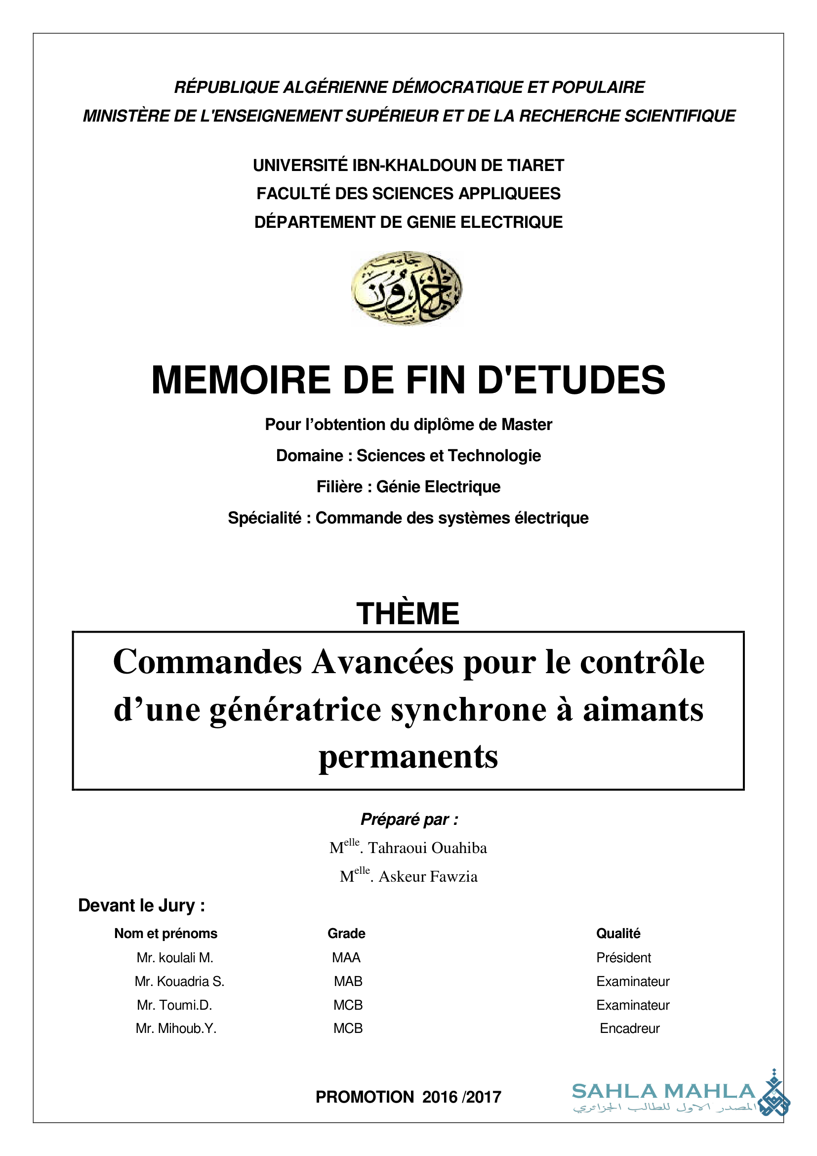 Commandes Avancées pour le contrôle d'une génératrice synchrone à aimants permanents