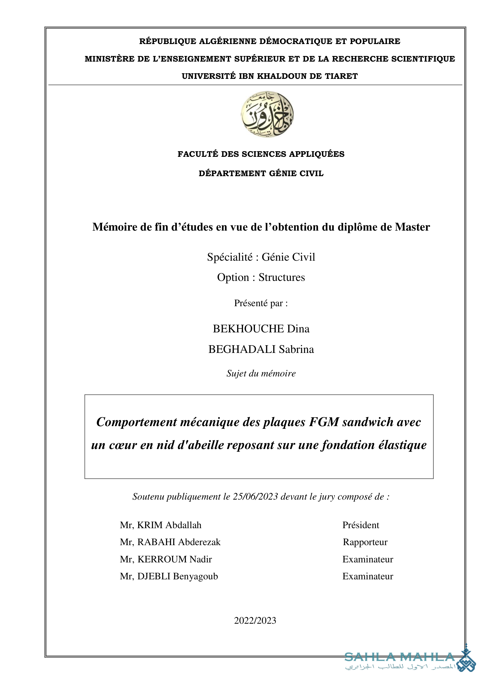 Comportement mécanique des plaques FGM sandwich avec un cœur en nid d'abeille reposant sur une fondation élastique