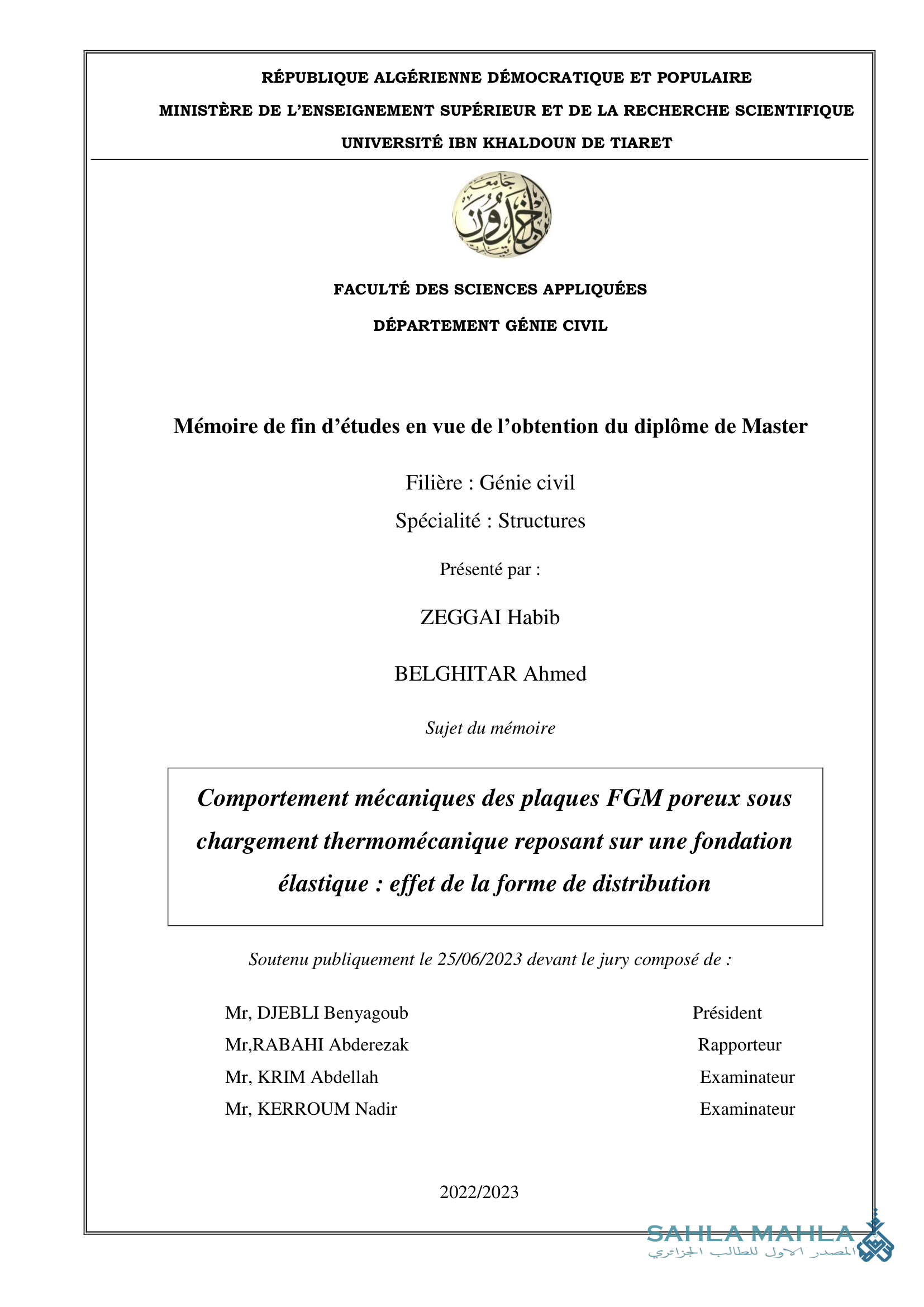 Comportement mécaniques des plaques FGM poreux sous chargement thermomécanique reposant sur une fondation élastique: effet de la forme de distribution