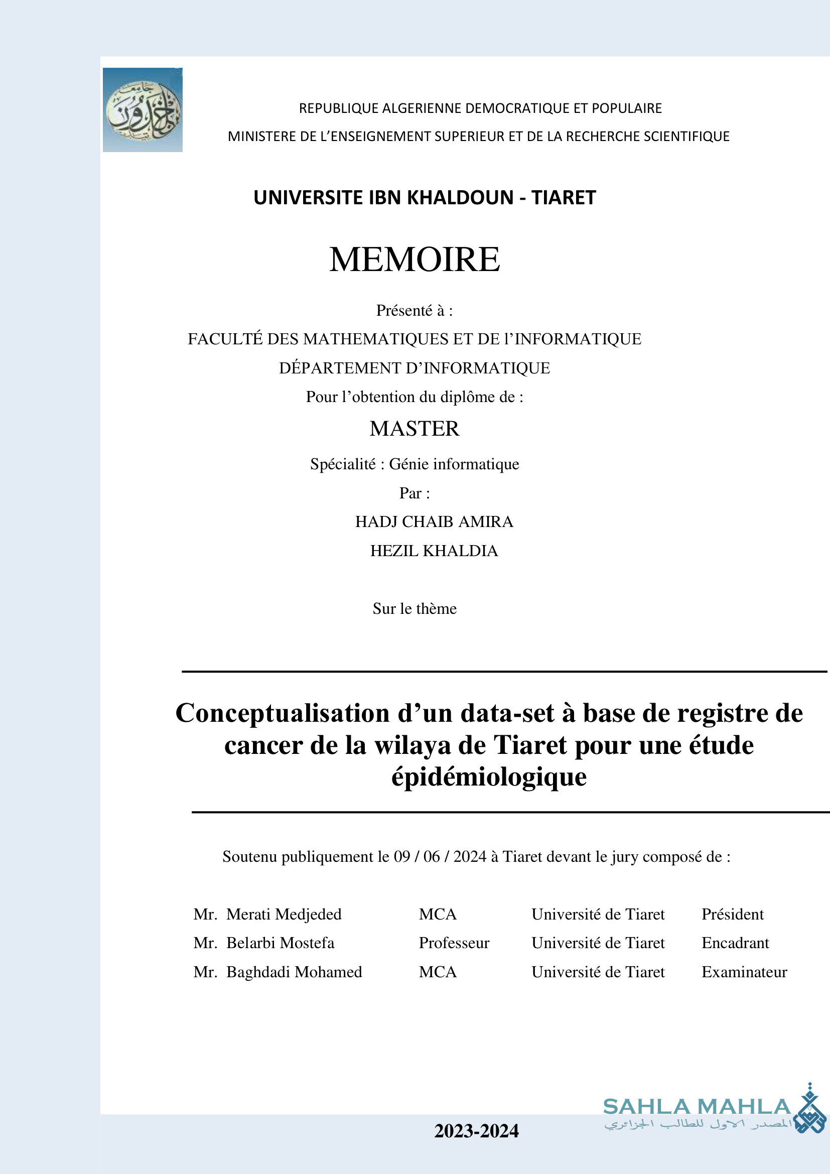 Conceptualisation d'un data-set à base de registre de cancer de la wilaya de Tiaret pour une étude épidémiologique