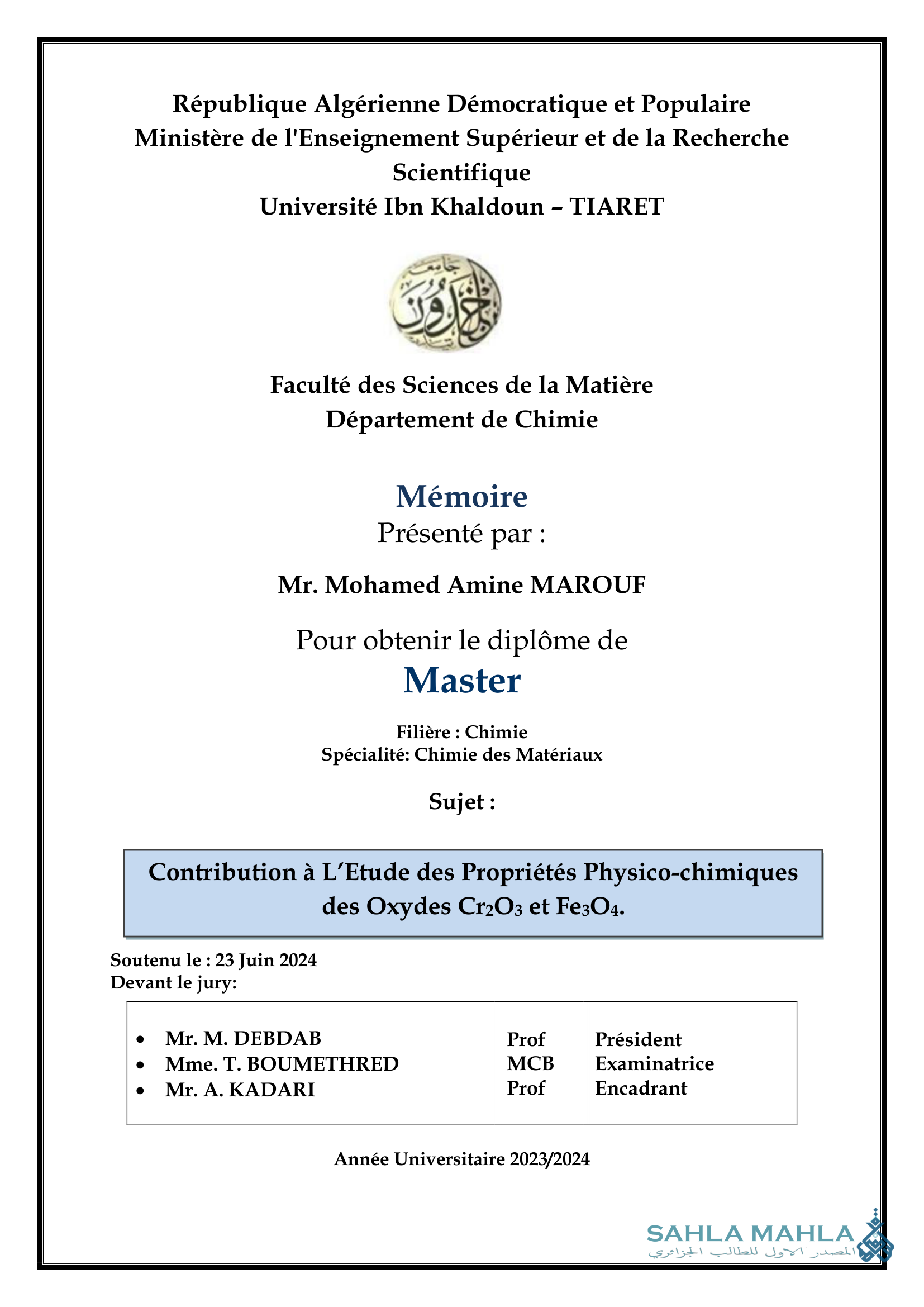 Contribution à L'Etude des Propriétés Physico-chimiques des Oxydes Cr2O3 et Fe3O4.
