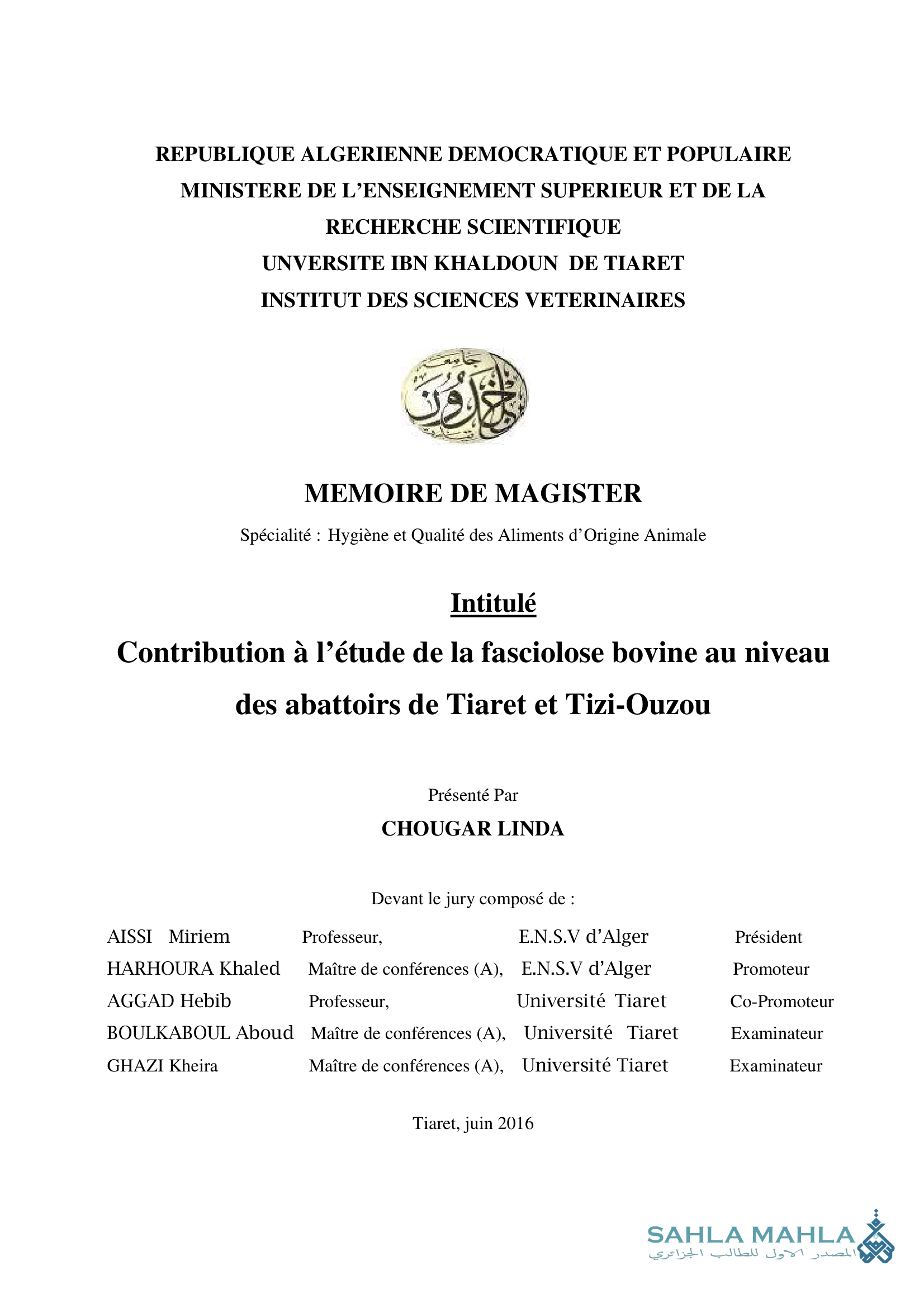 Contribution à l'étude de la fasciolose bovine au niveau des abattoirs de Tiaret et Tizi-Ouzou