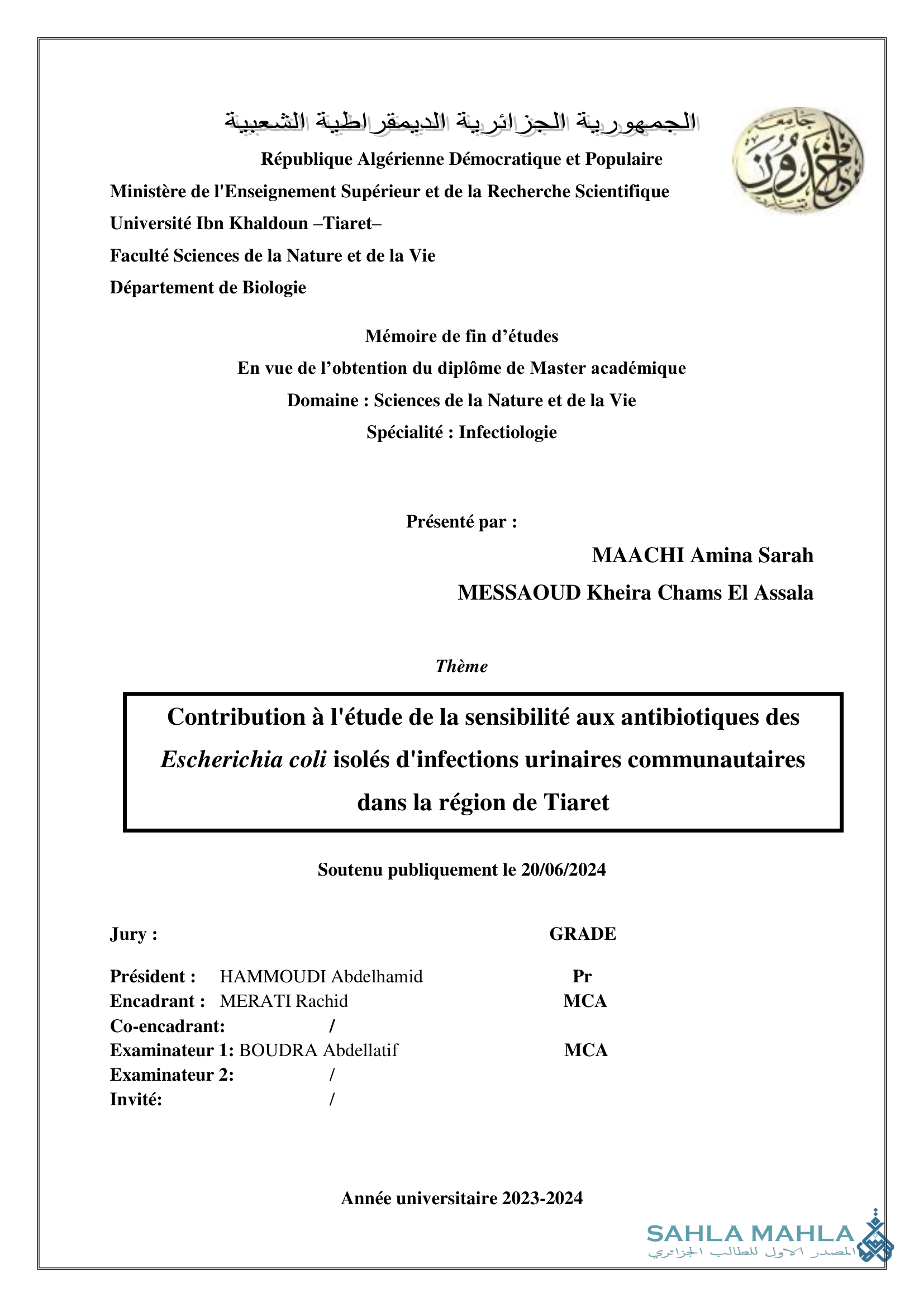 Contribution à l'étude de la sensibilité aux antibiotiques des Escherichia coli isolés d'infections urinaires communautaires dans la région de Tiaret