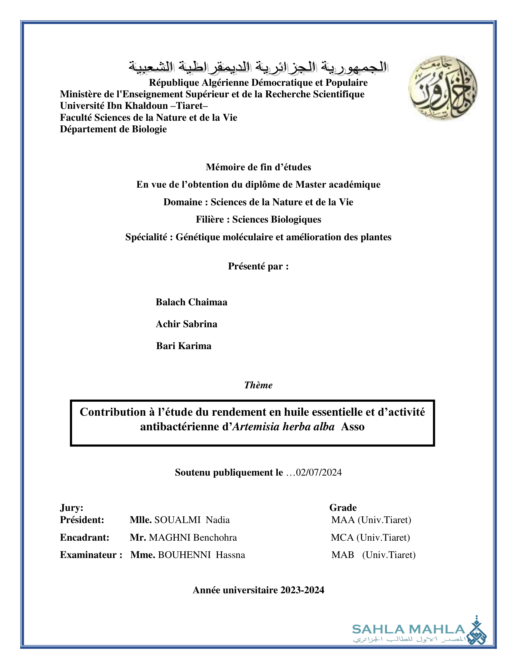 Contribution à l'étude du rendement en huile essentielle et d'activité antibactérienne d'Artemisia herba alba Asso