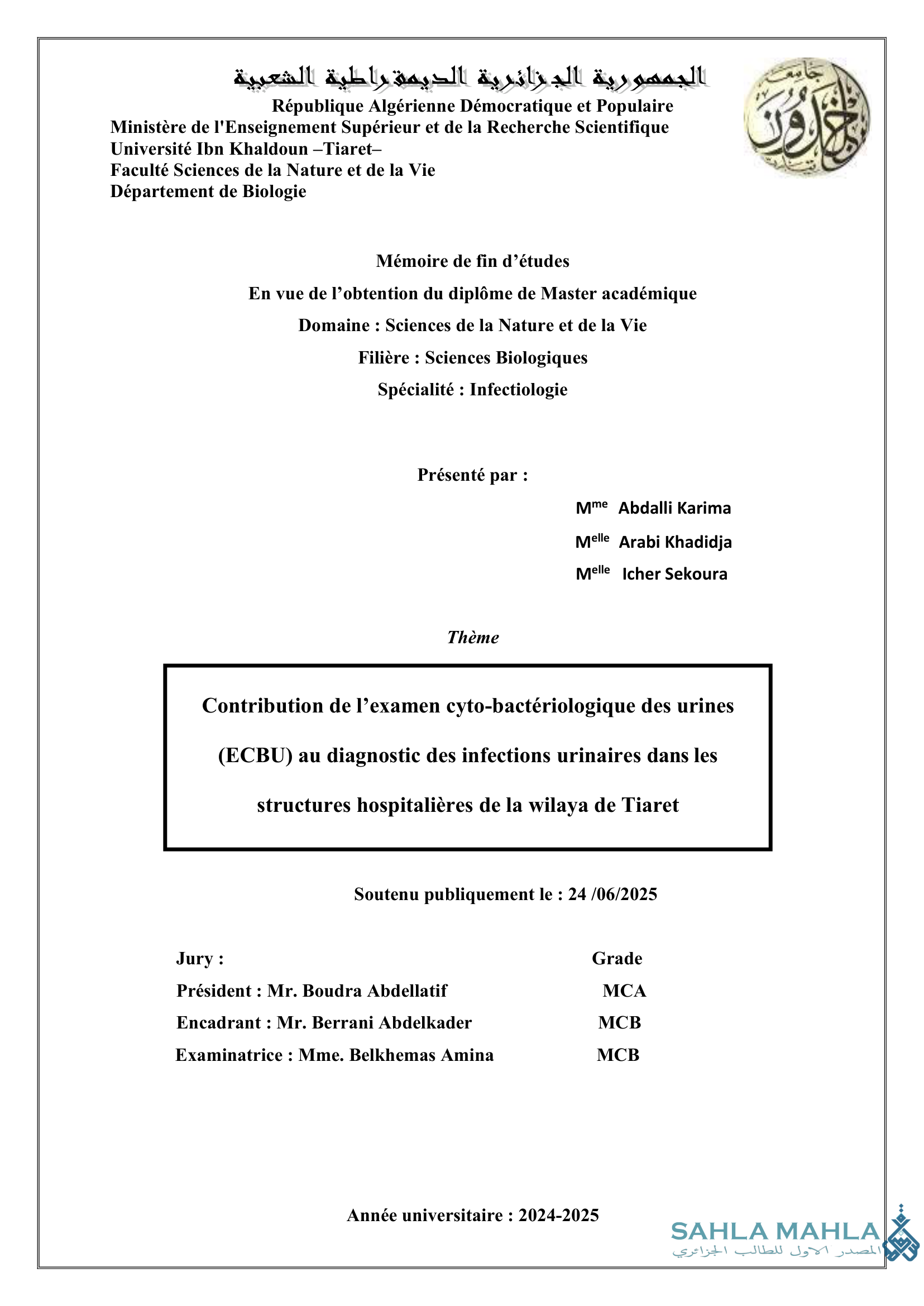 Contribution de l'examen cyto-bactériologique des urines (ECBU) au diagnostic des infections urinaires dans les structures hospitalières de la wilaya de Tiaret