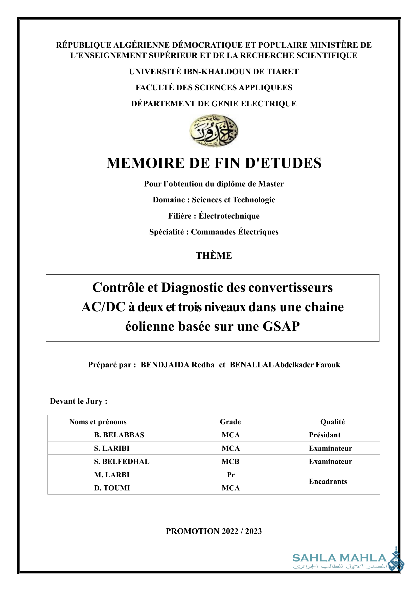 Contrôle et Diagnostic des convertisseurs AC/DC à deux et trois niveaux dans une chaine éolienne basée sur une GSAP