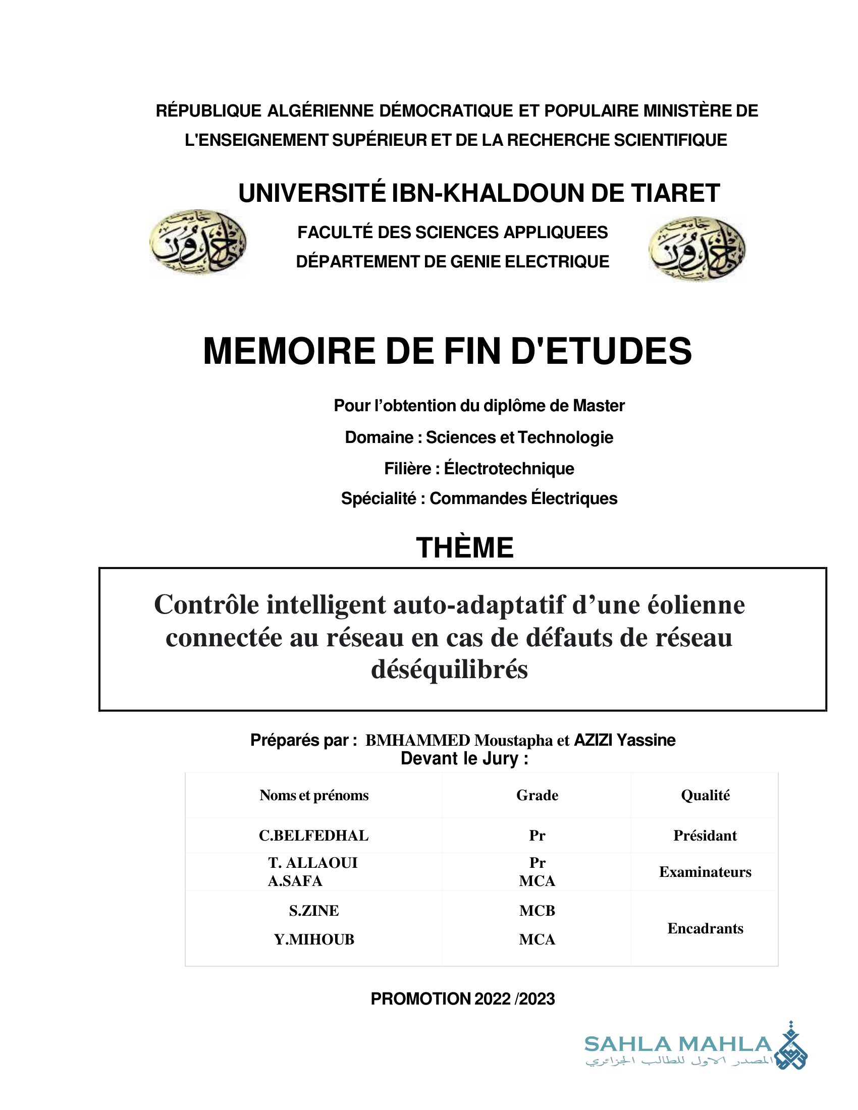 Contrôle intelligent auto-adaptatif d'une éolienne connectée au réseau en cas de défauts de réseau déséquilibrés